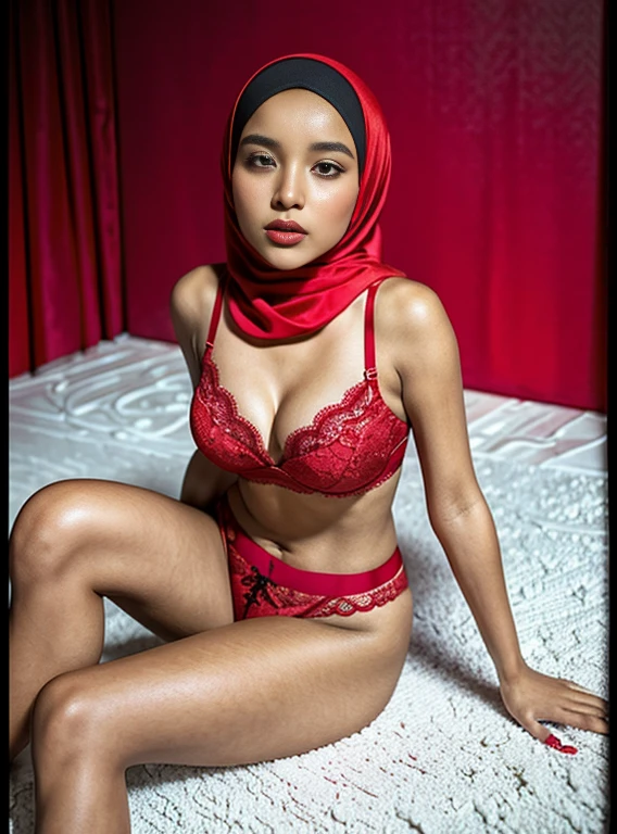 For her second look, Lina switched to a vibrant red lace bra and thong set, accessorized with a bold red hijab that framed her face dramatically. She crouched down low, hands resting on the icy ground as if she were about to pounce, the fabric of her hijab billowing behind her. The contrast between the softness of the lace and the harshness of the environment created an intriguing juxtaposition that made the scene all the more captivating.
