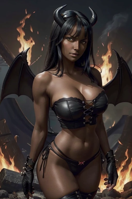 (masterpiece), best quality, expressive eyes, perfect face, Nico Robin in hell on fire, (large fires background), (succubus), (standing), (smirk), (closeup view), (1girl, succubus, Nico Robin face, dark skin, tanned skin, tan, black hair, bangs hairstyle, yellow eyes, hourglass figure, skinny body, large breasts, huge breasts, oppai, large cleavage, wide hips, thick thighs, ((black lace-up bandeau), (croptop), (tight fit), (sleeveless), (strapless), (exposed cleavage), (microthong), (gloves), (arm-lets), (boots), (large black devil wings), (black devil horns)),