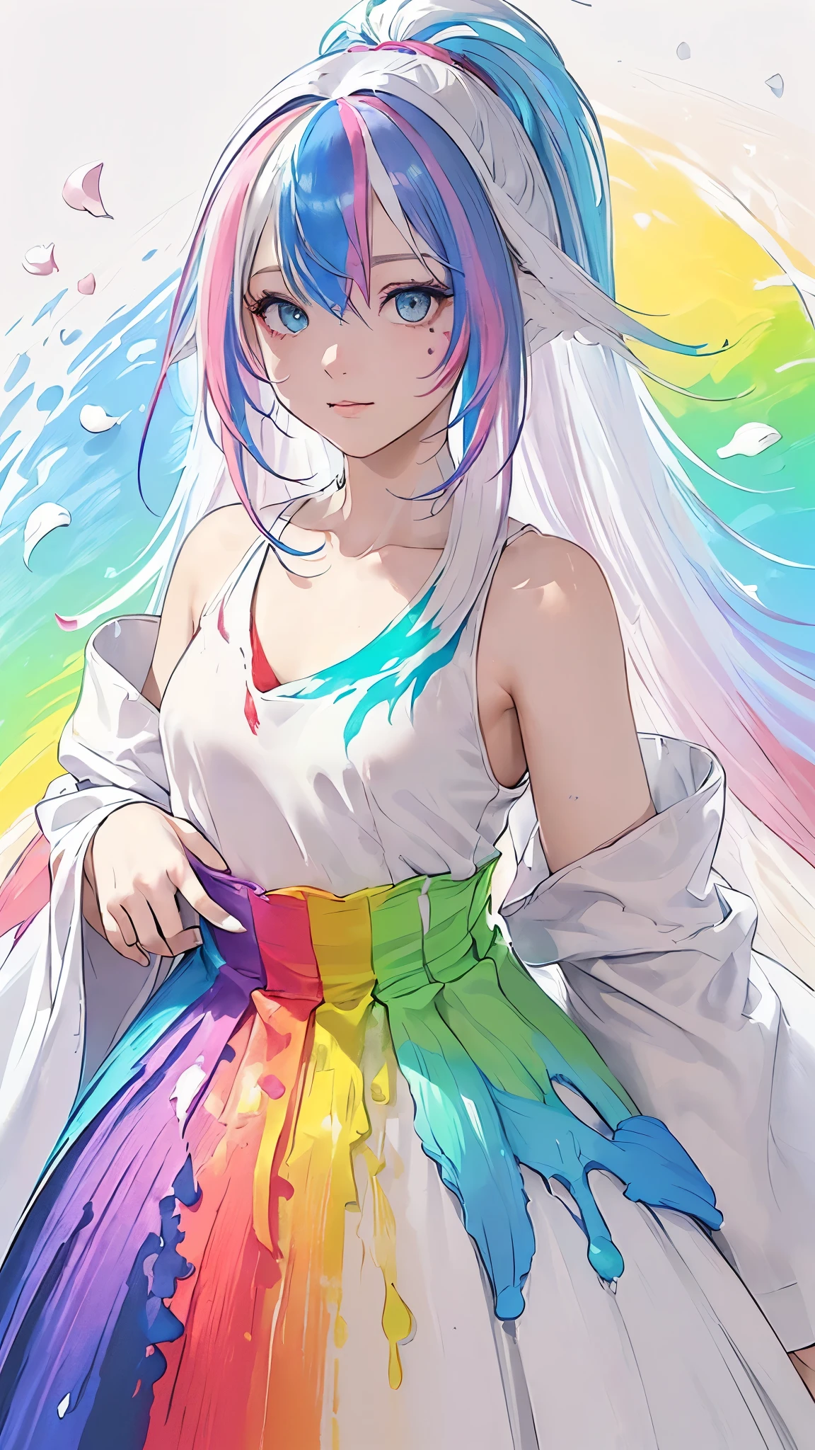 (Pink Fashion T-shirt:1.9),(Colorful hair: 1.8), (all the colours of the rainbow: 1.8),(((((vertical painting:1.6))), (painting:1.6),front, comics, illustrations, paintings, large eyes, crystal clear eyes,( rainbow color gradient high ponytail:1.7), exquisite makeup, closed mouth,(Small Fresh: 1.5),(Wipe Chest: 1.6) ,long eyelashes, white off shoulder T-shirt, White Shoulder Shirt,looking at the audience, large watery eyes, (rainbow colored hair:1.6), color splash, (solo:1.8), color splash, color explosion, thick paint style, messy lines, ((shining)),(colorful), (colorful), (colorful), colorful, Thick Paint Style, (Splash) (Color Splash), Vertical Painting, Upper Body, Paint Splash, Acrylic Pigment, Gradient, Paint, Highest Image Quality, Highest Quality, Masterpiece, Solo, Depth of Field, Face Paint, colorful clothes, (Elegant: 1.2), gorgeous,long hair, wind, (Elegant: 1.3), (Petals: 1.4),(((masterpiece))),(((best quality))),((ultra-detailed)),(illustration),(dynamic angle),((floating)),(paint),((disheveled hair)),(solo),(1girl) , (((detailed anima face))),((beautiful detailed face)),collar,bare shoulders,white hair, ((colorful hair)),((streaked hair)),beautiful detailed eyes,(Gradient color eyes),(((colorful eyes))),(((colorful background))),(((high saturation))),(((surrounded by colorful splashes))), (((pregnant woman))).
