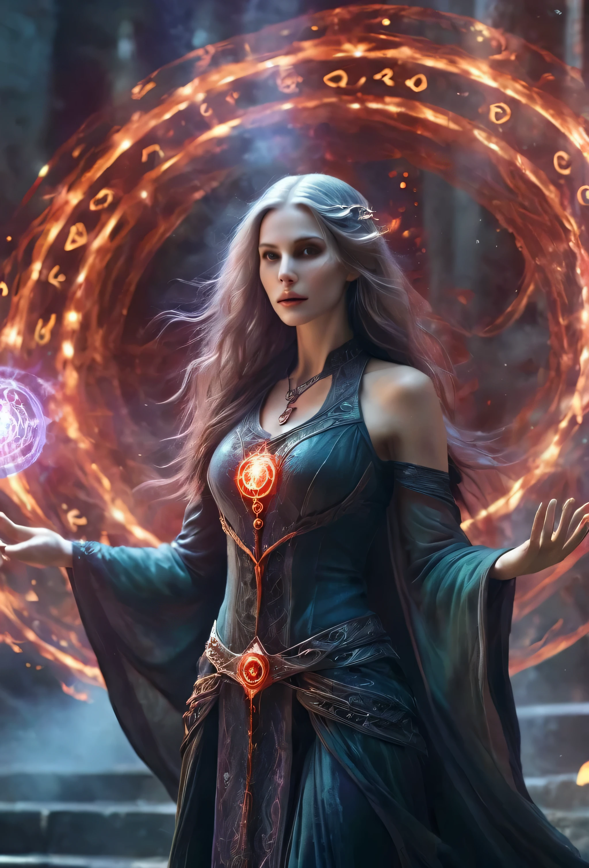 1 girl,adult (elven:0.7) woman,freckles,gray long hair, full body, solo,half shot,looking up,detailed background,detailed face,summoner,unholy,intricate necromancer clothes,amulet,conjuring,movement,evil smile,ritual,pentagram,surrounded by dark,dark magical inscriptions,red swirling summoning energy,(style-swirlmagic:0.7),calling forth evil power,tower background,dark glowing aura,ethereal atmosphere,magic fire,magic array,magic fire. 