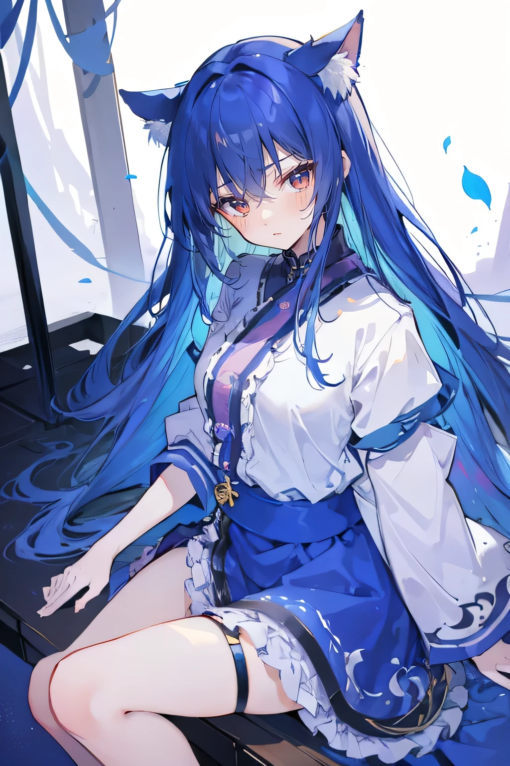 (masterpiece:1.2),Super detailed,lifelike,Expressive eyes,fair skin,perfect face shape,1 girl,
Japanese comics,Gorgeous blue hair,flowing blue hair,flowing clothes,Cat ears,Petals fall,beautiful lola,Baby Angel,
Shaking head with one hand,Lying gracefully on the ground,Cross your legs,Gentle and peaceful background,The pavilion is cool and comfortable,dark blue eyes.