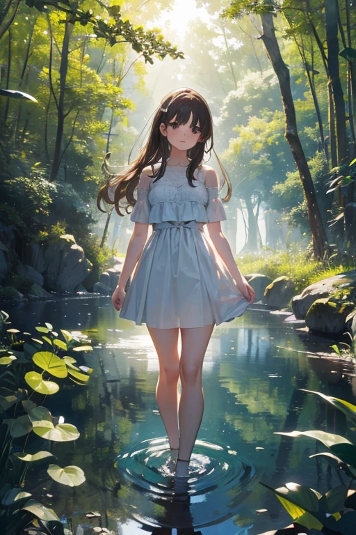 (Masterpiece), (Best Quality:1.3), (Slim Cheerful Girl Frolicking by Water, Kicking Up Water:1.3), Full Body, Crystal Clear, (Long Light Brown Hair: 1.3), Wet Hair, (Wet See-Through White Dress: 1.3), Knee-length Pleated Skirt, Ruffled Blouse, Long Petticoat, Accessories, Bare Feet, High Resolution, F1.4, Glowing Water Surface, Flying Hat, Clouds, Sun, Contrails, sunlight through the trees, summer vacation, rays,