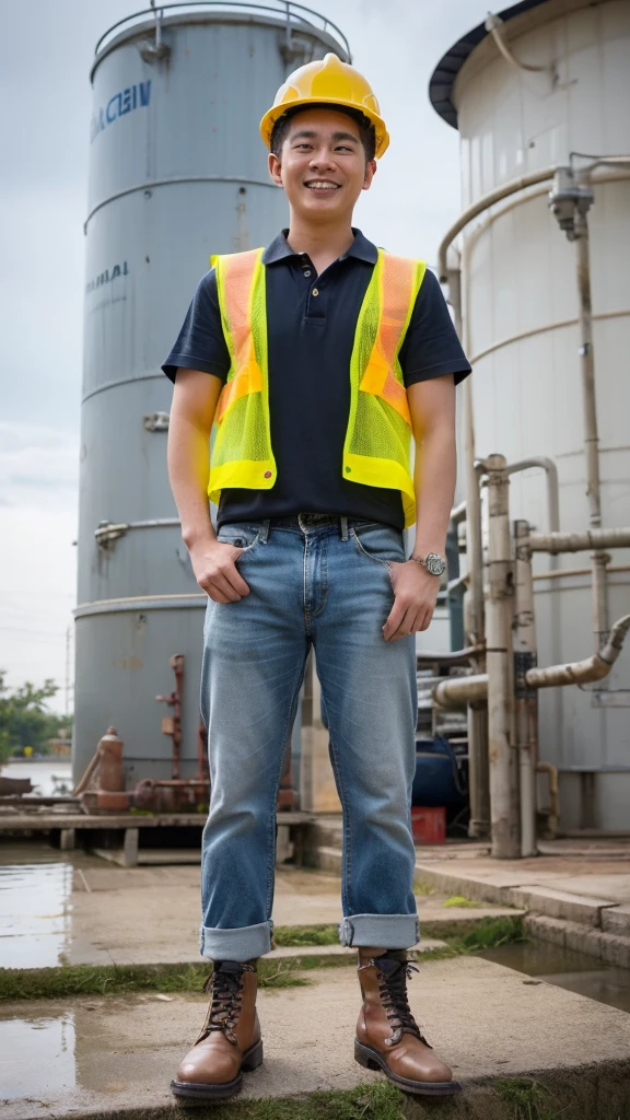 Create an image full body of a man in a white helm and yellow safety vest, wearing black boot and stand on front of huge water tanks blue, wearing formal clothing and blue jeans, environmental portrait, worksafe. instagram photo, people at work, water industries, engineering, corporate photo, photo portrait, look at the details, with a happy expression of Indonesian man.
