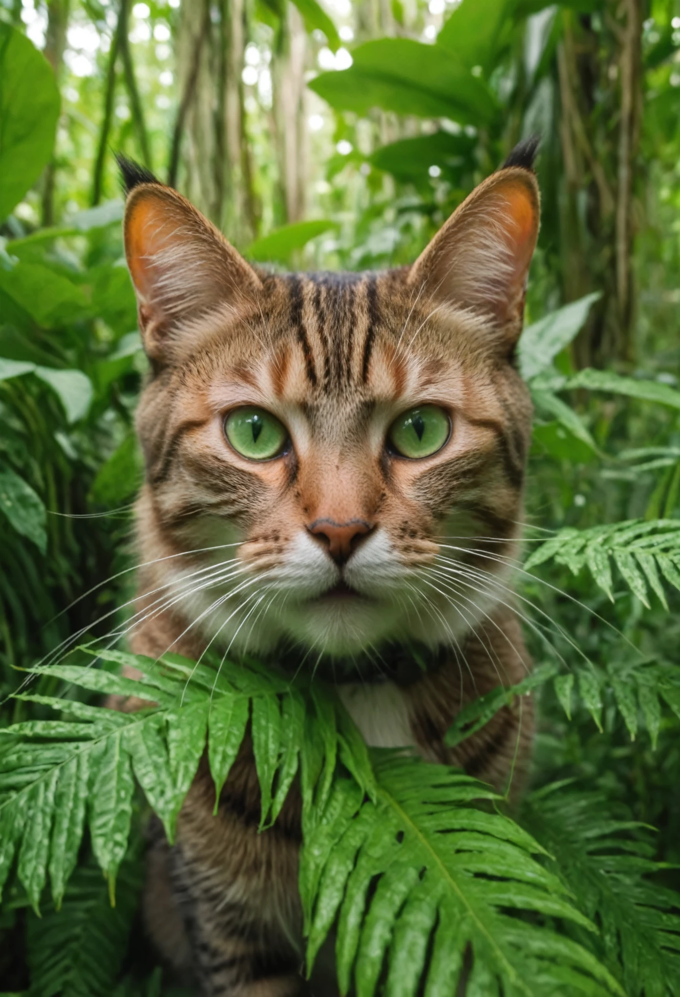 High Geographic Nation Symmetrical Close-up Portrait Session in the Green Jungle of an Expressive Cat Animal , anamorphic lens, ultrarrealista, hiperdetallado, green core, core of the jungle âar 16:9 âq 2 âv 5