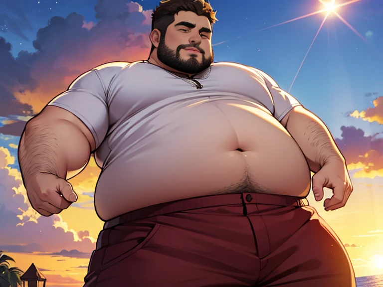 1 chubby man with extremely thick thighs , Careca, obeso, homem de meia idade, camisa branca aberta mostrando a barriga e peitoral usando apenas sunga vermelha e meias, parado na rua, looking at the sky, noite, luz do sol brilhante, Paradisiacal beach setting 