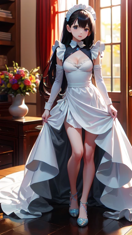 masterpiece, highest quality, One Girl, Thighs, beautiful girl, Flowers, Lots of small petals, Small waist, Official Art, RAWphotograph,The needle is accurate、Face Light, Dynamic Lighting, Cinema Lighting, Ultra-realistic, High resolution, photograph, Sharp focus, Highly detailed eyes and face,Symmetrical face, whole body、Large Breasts、Long Hair、チラリと見えるThighs、Beautiful cleavage、Maid、White dress shirt、Black shoes、Beautiful feet、Embarrassing breastodel standing