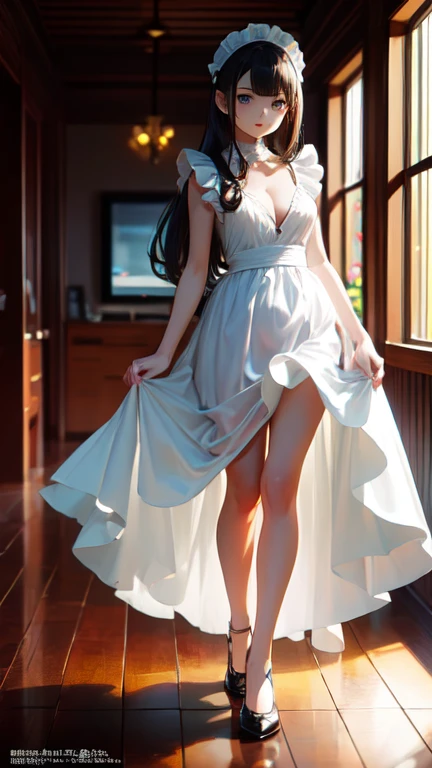 masterpiece, highest quality, One Girl, Thighs, beautiful girl, Flowers, Lots of small petals, Small waist, Official Art, RAWphotograph,The needle is accurate、Face Light, Dynamic Lighting, Cinema Lighting, Ultra-realistic, High resolution, photograph, Sharp focus, Highly detailed eyes and face,Symmetrical face, whole body、Large 、Long Hair、チラリと見えるThighs、Beautiful cleavaghite dress shirt、Black shoes、Beautiful feet、Embarrassing breastodel stan