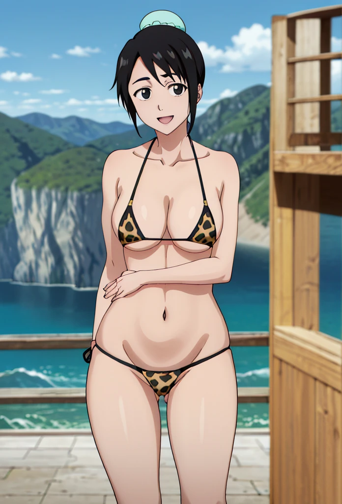 (masterpiece, 4K, Highest quality, anime style: 1.9, Detailed face, Lovely, Ocean,Bold, High resolution, anime, Lake 4. alone, Curvaceous, Thighs, Cleavage, Center of chest, smile, Please open your mouth wide, Very slim belly, Cowboy Shot, Leopard print bikini,1 Girl,NARUTOanime風, Hinata Hyūga,Naked in a swimsuit,Back view,Show your ass,Thong