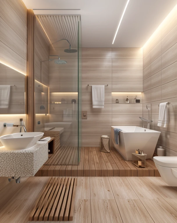 a close up of a bathroom with a wooden floor and a bathtub, premium bathroom design, modern bathroom, vray tracing, modern design, vray rendering, colour, contemporary, render unreal engine, excellent 3d render, unreal engine realistic render, clean minimalist design, minimalist design, 3 d unreal engine render, 3d unreal engine render, render vray