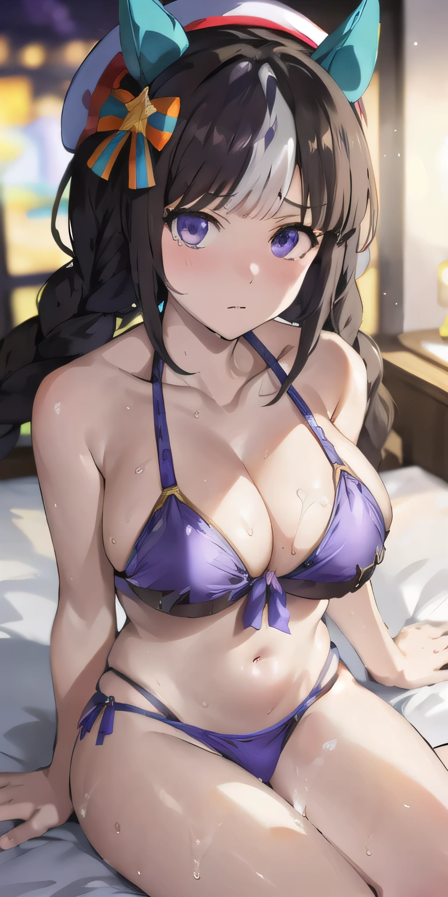 masterpiece, highest quality, close, Face shot, \(Umamusume\),((Dark purple bikini))、sit、Leg spread、semen、Mansuji、On the bed、Low - Angle、(((Big Breasts)))、Nightclub、Embarrassed、1st from the bottom.3