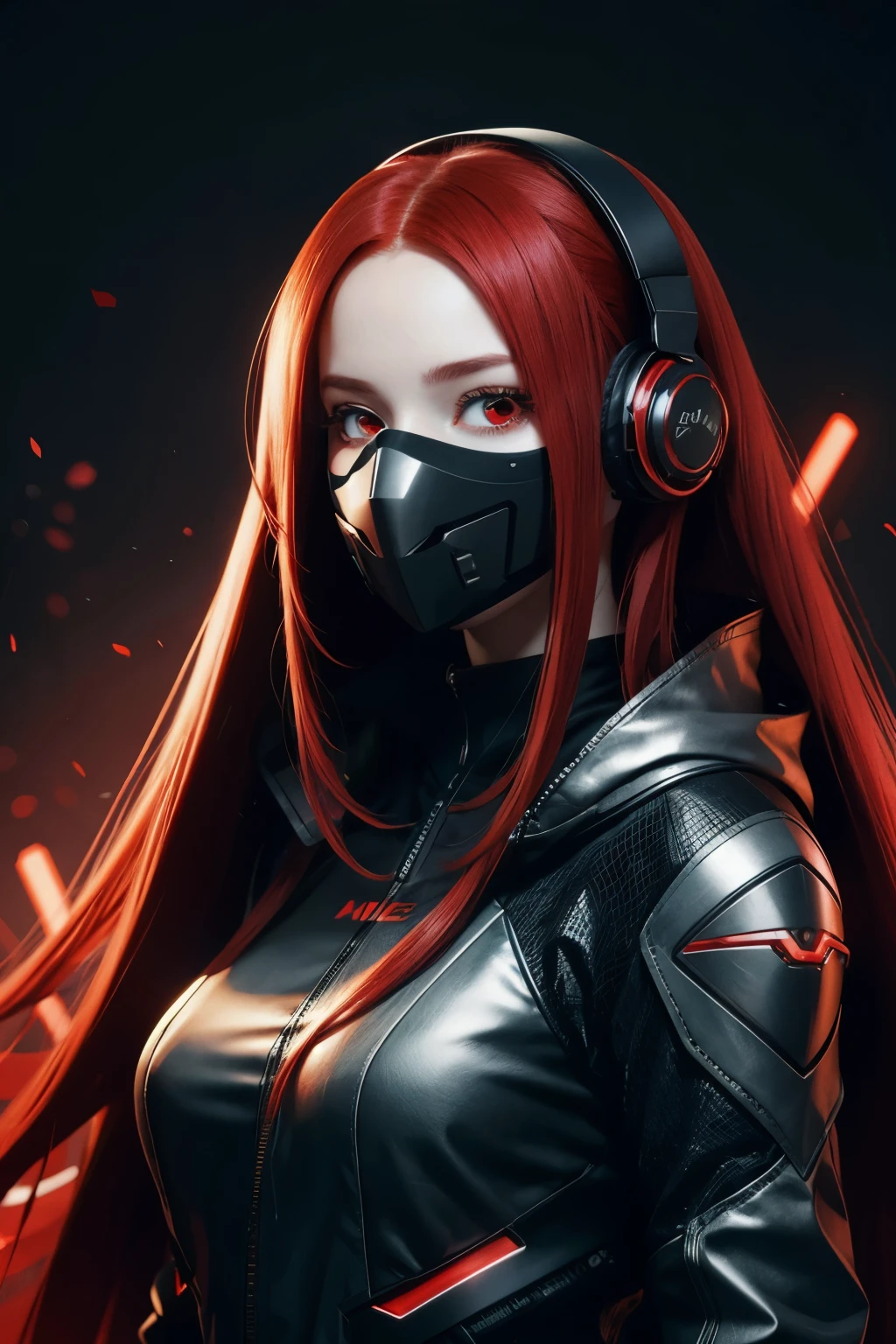 girl with long red hair, red eyes, futuristic vibes, mask on mouth, headphones, 8k, high quality, simple background, glowing eyes, nice pose