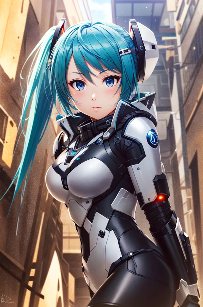 1girl, (masterpice:1.3), highres, high-detailed, high quality, (solo), (4k), (perfect face and eyes), dynamic light, intricate_details, street, hatsune miku, bodysuit, mecha, science fiction, lowra 