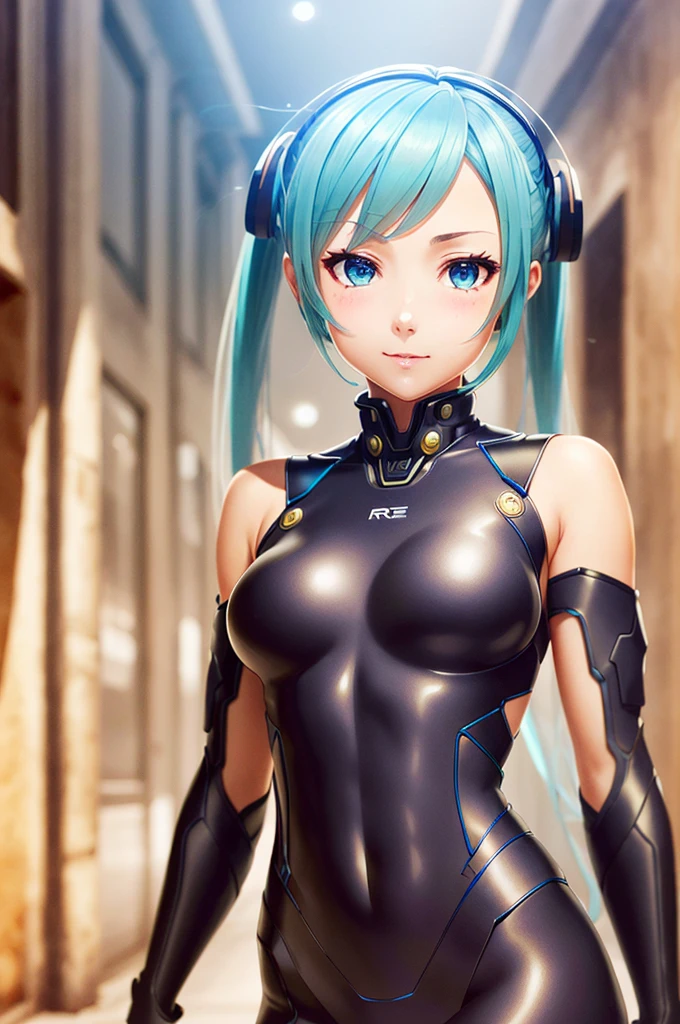 1girl, (masterpice:1.3), highres, high-detailed, high quality, (solo), (4k), (perfect face and eyes), dynamic light, intricate_details, street, hatsune miku, bodysuit, mecha, science fiction, lowra 