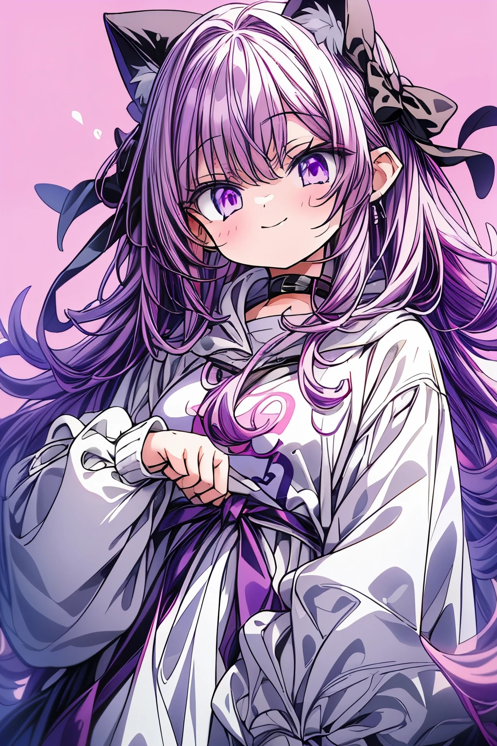 Height: 3 feet 6 inches、Purple eyed cat girl. Purple Hair、She is very cute、I always look happy. She is wearing an oversized white hoodie.. She is also about 5 years old.、Create expressive imageasterpiece))), (best quality), (ultra detail), (very_high_resolution), (large_filesize), (full color)