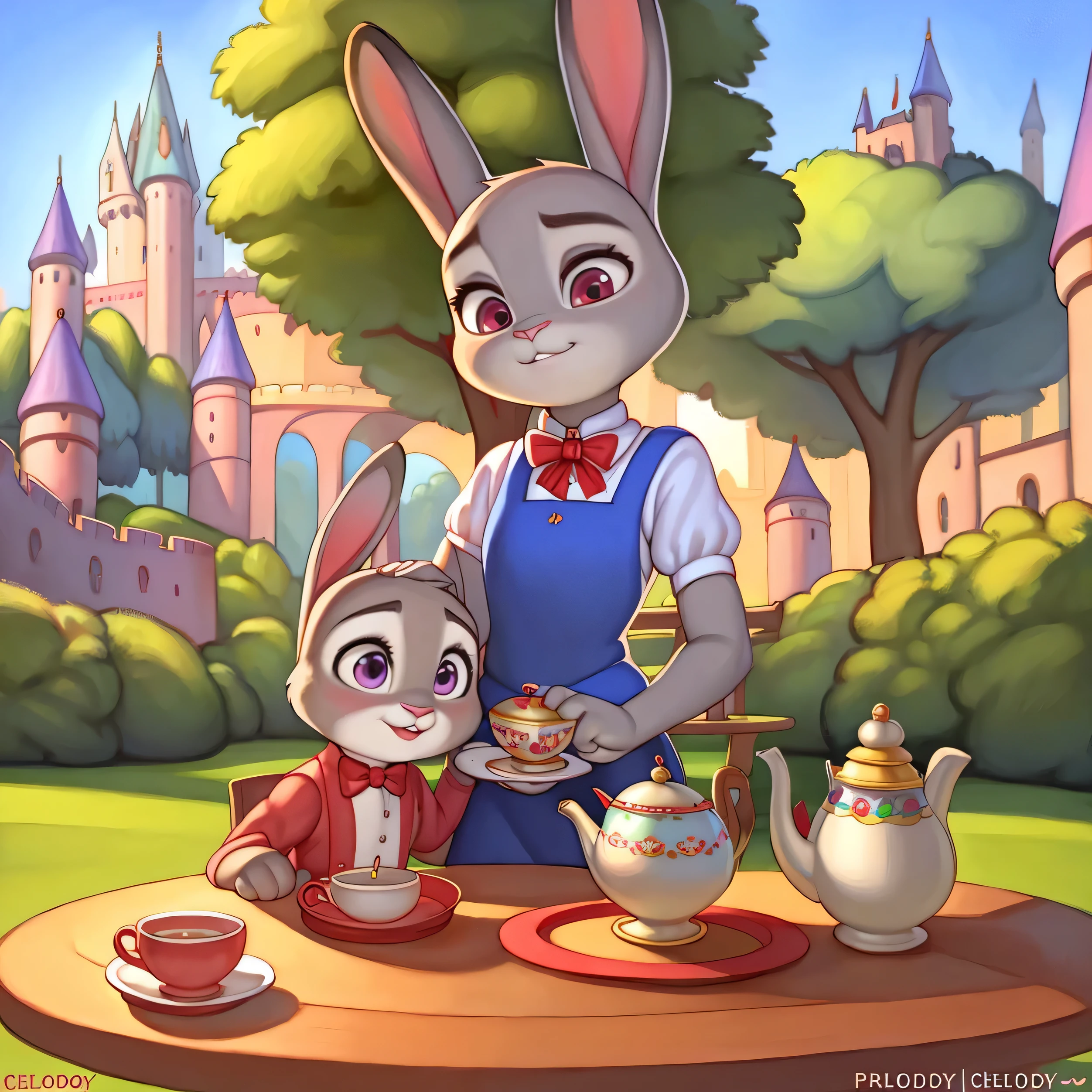 By chelodoy, Judy Hopps, young, alice in the wonderland, teatime, rainbow, castle on the background,