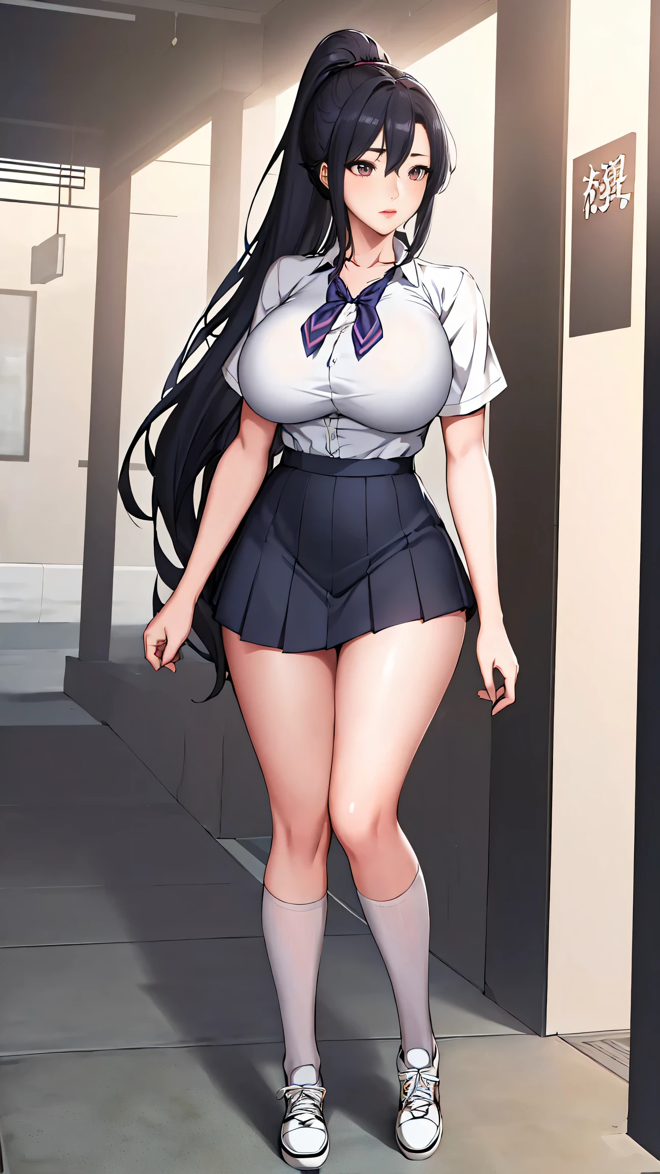 (best quality:1.5, highres, UHD, 4K, detailed lighting, ((ultra high quality)), ((ultra detail)), 1 girl solo, anime girl with ponytail and tie in a, black hair, anime moe artstyle, as an anime character, wearing , wearing a , nagatoro, an anime girl, cel shaded anime, wearing japanese , Ezra scarlet, beautiful anime high school girl, ((uniform high school)), wearing short sleeve white shirt white tie, female anime character, anime character, in an anime style, ((full body)), converse, converse high, (big breasts), highly detailed face, cool, tomboy