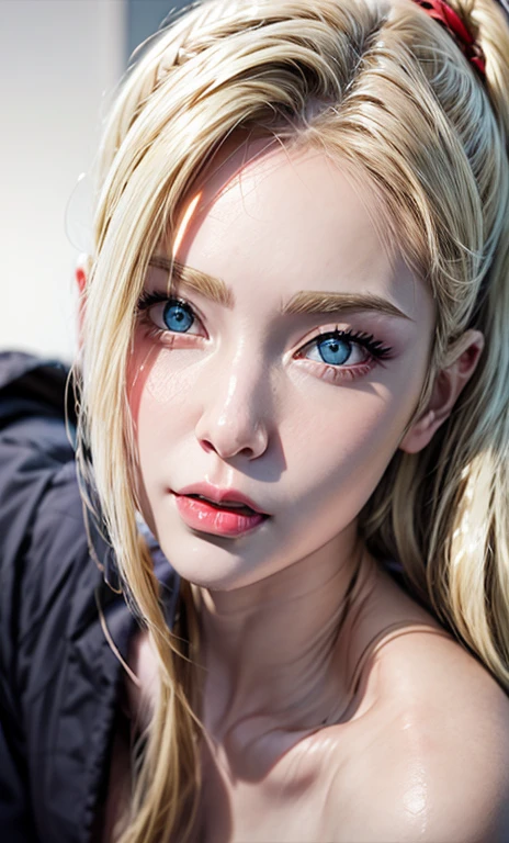 young woman, long blonde hair, side bangs, white skin, black eyebrows, blue eyes, pig nose, red lips, violet clothes, Ino, realistic, 3d
