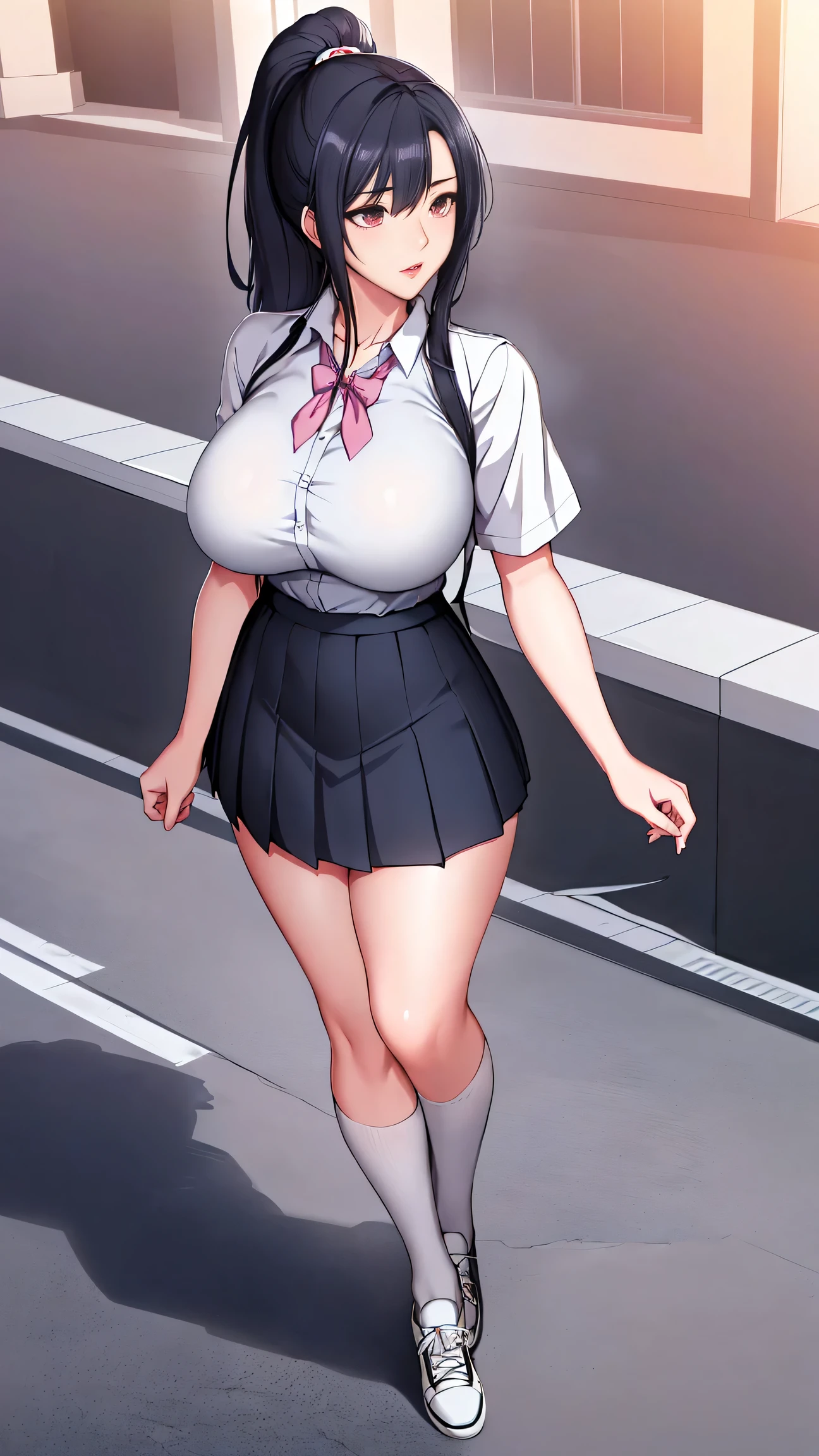 anime、Beautiful pink eyes、Black Hair、Glasses、Belly button piercing、, Glossy with oil々Skin、Wear a sailor uniform、Pink Check Skirt、Shiny thighs,、Narrow waist、Firm big breasts、panty lift.cute、Love juice drips、smile、lure、Classroom