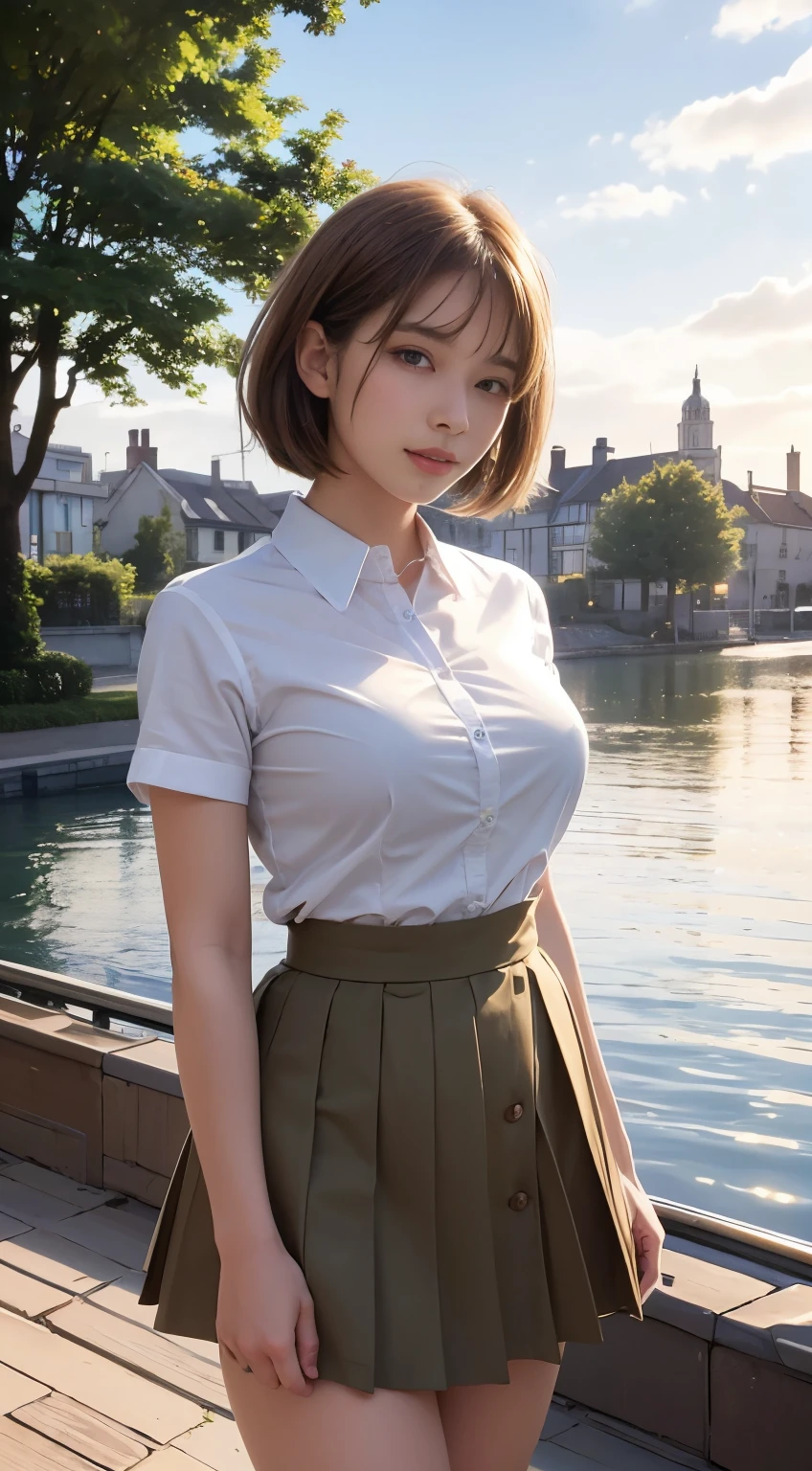 High Top Quality, Masterpiece, High Definition, 16k image, beautiful high school girl, medium bobbed hair, beautiful light brown hair, beautiful light brown eyes, (plump big tits), high , nipped in waist, short sleeved white blouse, pleated skirt , school girls stand on a riverbank’s pier, captivated by the mesmerizing reflections of the evening sun on the water’s surface. Their uniform skirts sway lightly in the breeze, and their smiles mirror on the rippling water. In the distance, lush green hills stretch, and on the opposite bank, the charming lights of a town twinkle. Capture this tranquil waterside landscape as a moment of their joy.,