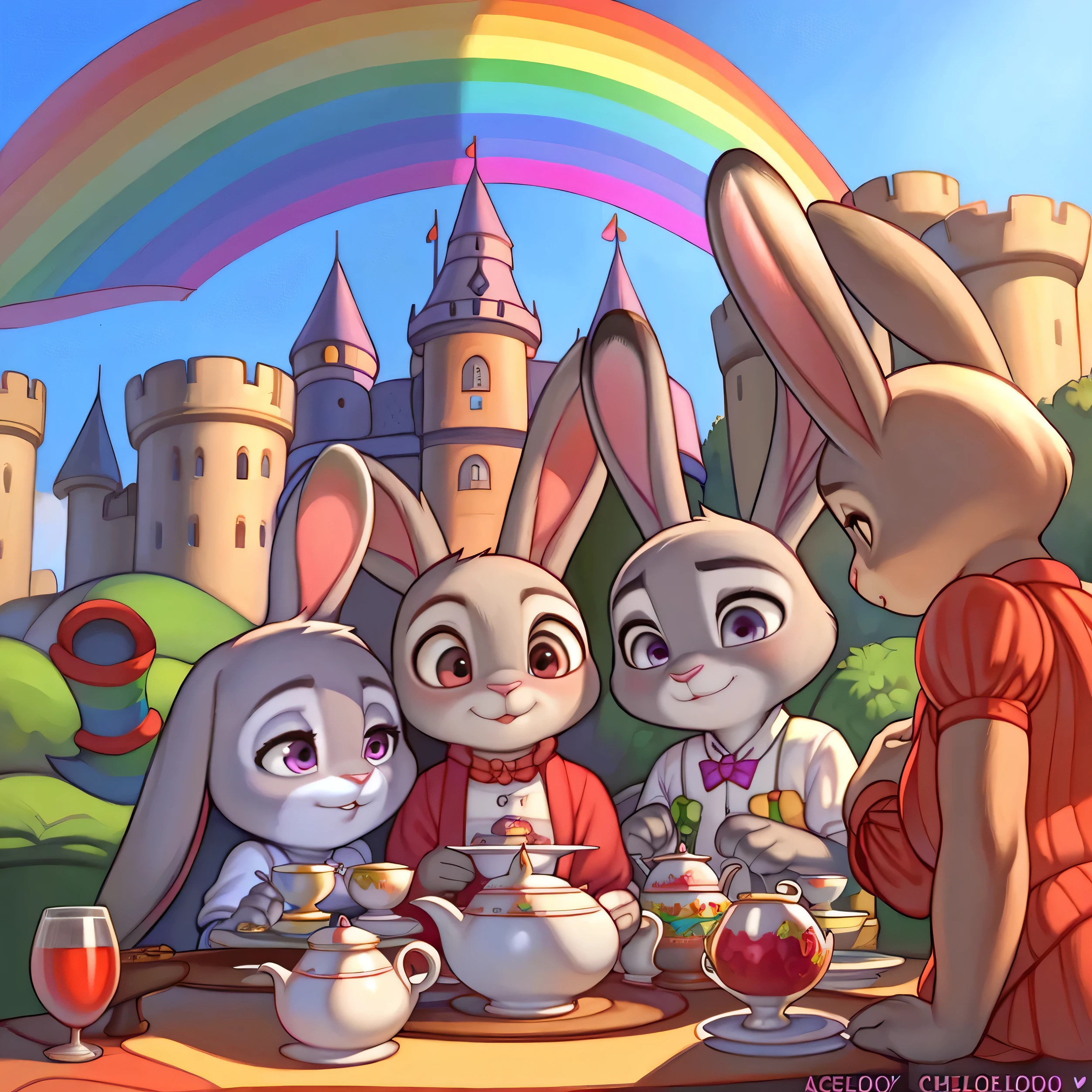 By chelodoy, Judy Hopps, young, alice in the wonderland, teatime, rainbow, castle on the background,