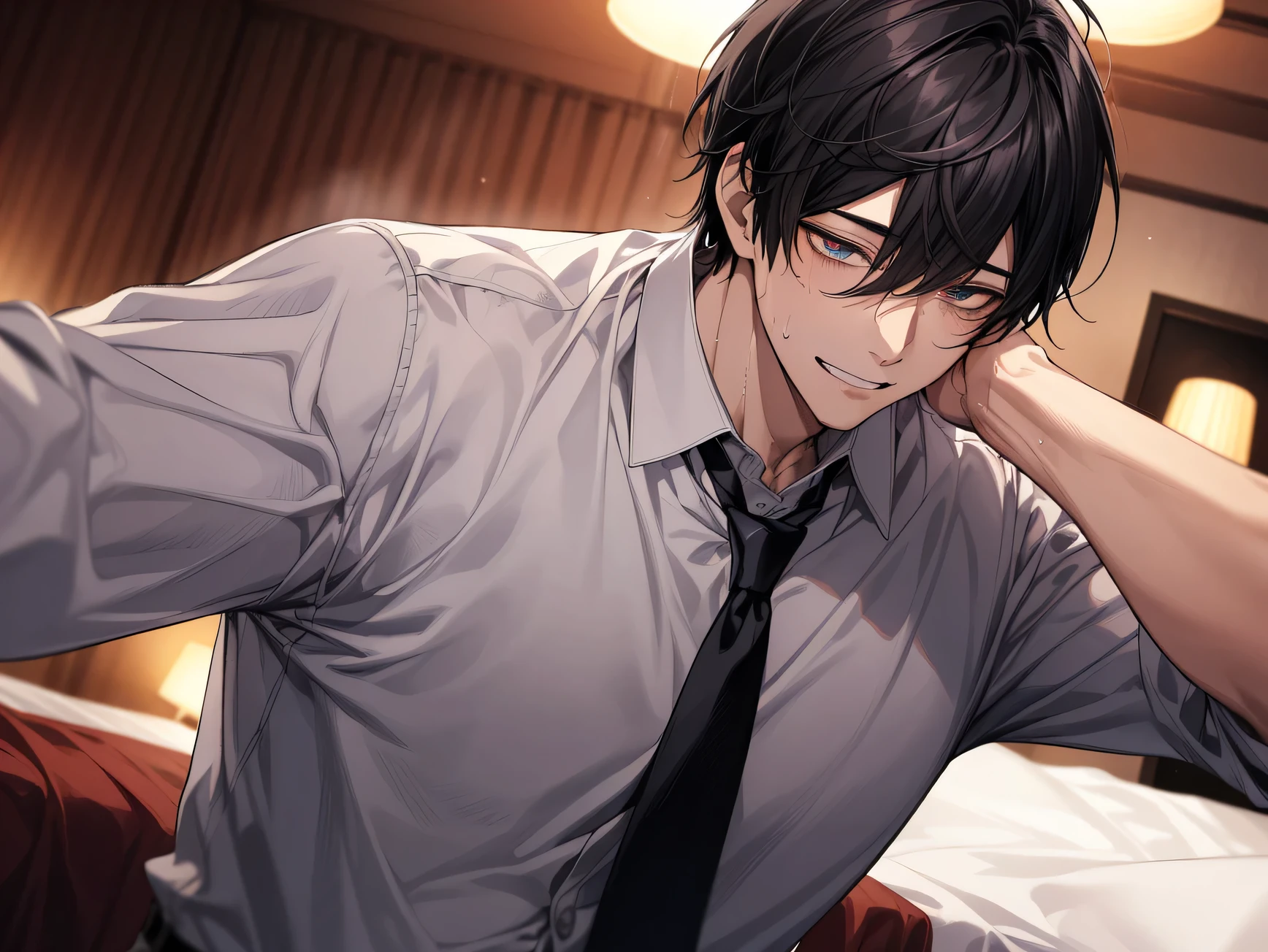 Night atmosphere,male, 30 years old,male1 person、boss,adult,Adult,Black Hair,Shirt and tie,The eyes are brown,Face close-up,sweating、Angle from below,sweating,smile,expression,Background Hotel,bed,night