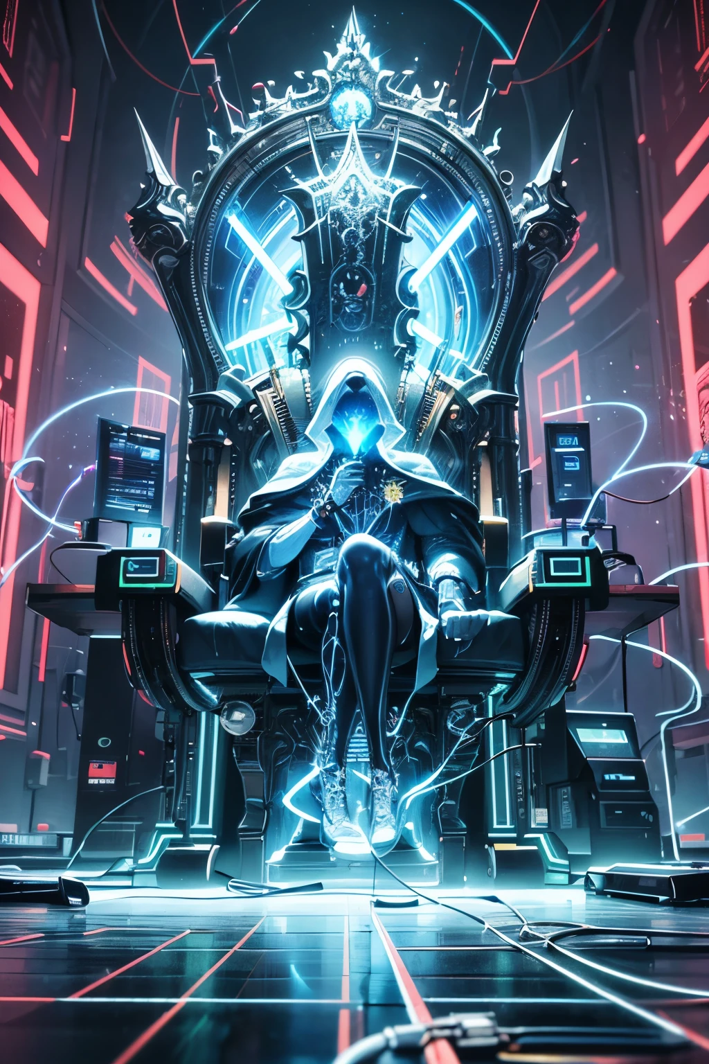 "(best quality,4k,highres:1.2),Cyber God in a Virtual World,Matrix-style,glowing throne,electric signals and internet space as the background,partial mechanical lower body connecting to the floor,holy aura,divine presence,vibrant cybernetic environment,virtual reality,transcendence,omnipotent being,digital realm,powerful entity,electric blue color palette,illuminated wires and circuits,futuristic technology,ethereal ambiance"