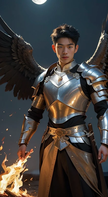 A asian boy like Mighty Archangel Michael,19 years old, handsome, Full Body Shoot, Short Quiff hairstyle, (eyes contact), look at camera, detailed facial parts, Manly, with a muscular constitution :: high detail, is in battle armor, flaming blue sword of golden pearls, a flaming sacred aura radiating from his body, without wings, moon background, surreal, fantasy, magical, intricate details, (dynamic upper body posture: 1.1), depth of field. Best quality, masterpiece, ultra high resolution, (anime realism, photorealistic: 1.4), perfect composition, centered, symmetry