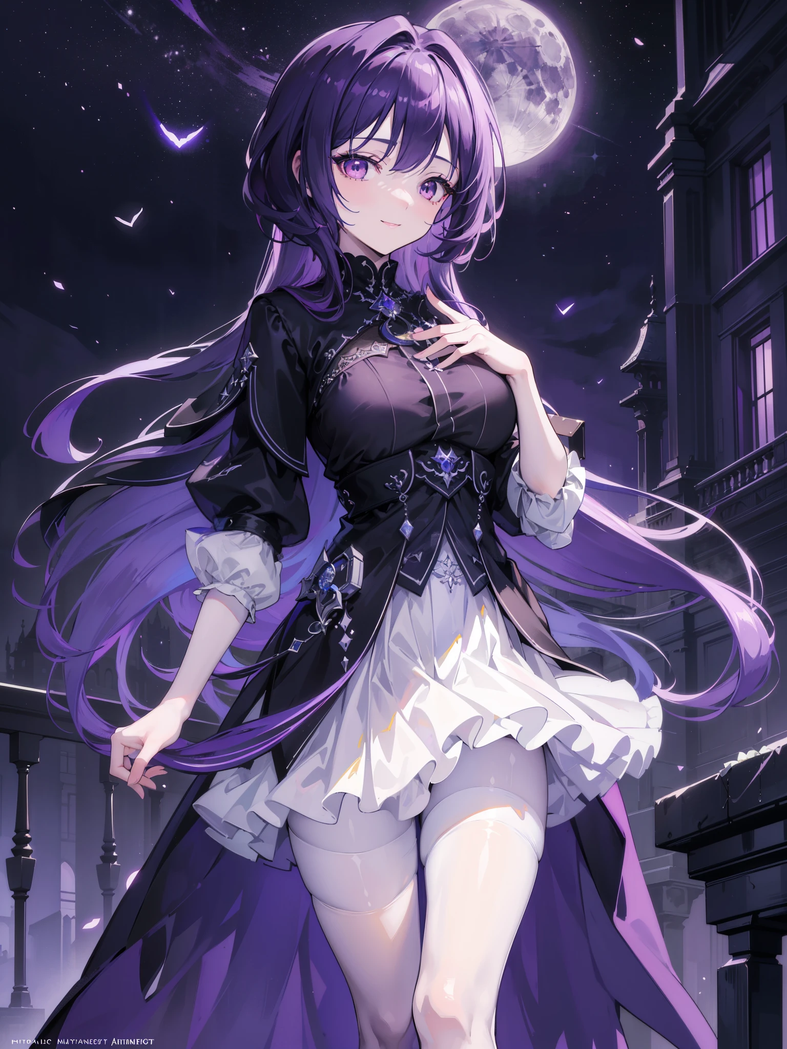 masterpiece, best quality, 1 Girl, (rich and colorful),(Beautiful eyes and delicate face),cinematic Lighting,Half-length photo,Extremely detailed CG Unity 8K wallpaper,Purple Hair,White eyes,Solitary,Smile,Delicate skirt, architecture, moonLight, moon, night, (Dark theme:1.3), Light, fantasy, High contrast, Brushstrokes, Negative Space,White pantyhose