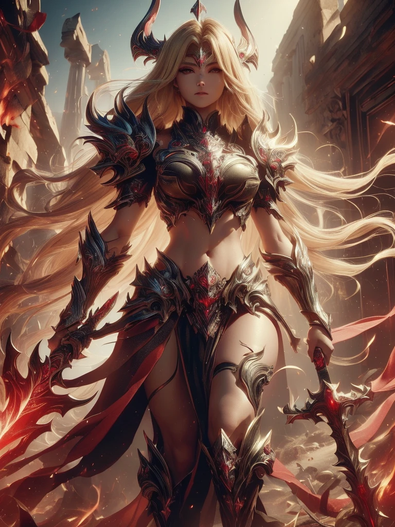 Full body shot of a pale white warrior girl with blond long hair and bangs, with a pair of black horns, wearing a punk outfit and holding a massive eldritch blade blue sword, surrounded by an army of demons, infernal landscape in the background at night, flames and fire, russian girl, masterpiece, hd, 4k, 8k, highly detailed, demon monsters, movie poster, cinematic, photorealistic, serious, concerned