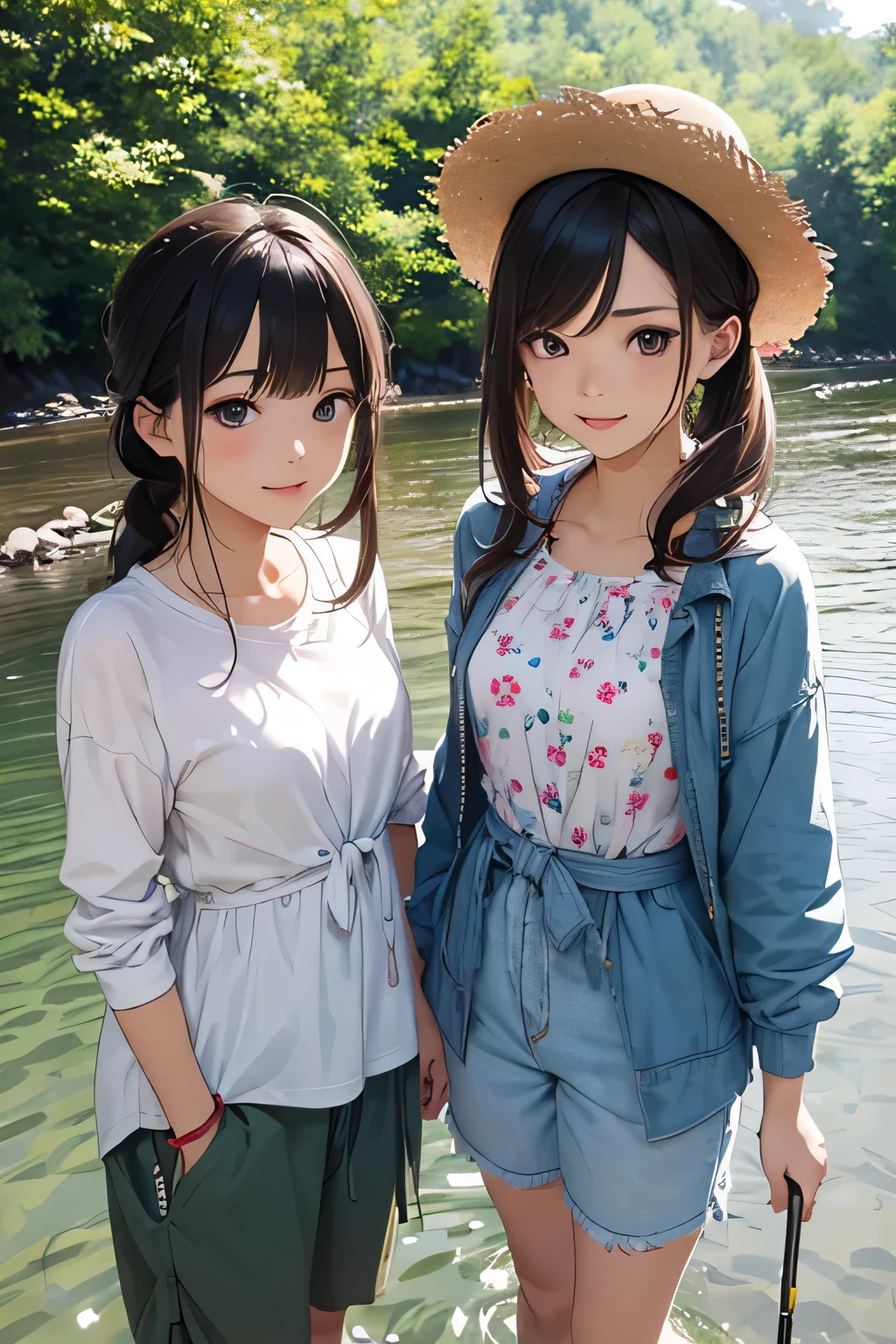 highest quality、High resolution、Detailed Background、(Beautiful face in every detail:1.4)、Anatomically correct、(Draw the usual number of fingers:1.2)、(Detailed facial expressions)、(Detailed eyes:1.2)、(Detailed eyes:1.2)、Beautiful, smooth skin、Teenage beauty、(Highly detailed face:1.4)、cute hair color、Braided Ponytail、Braided Bob、cute hairstyle、well-groomed eyebrowinimally revealing clothing:1.2)、In a joking manner、A happy look、Excited、Cowboy Shot、

(Two beautiful girls enjoying fishing experience in the river:1.5)、

This is a fishing experience held in rivers etc.、Participants can use a fishing rod to catch fish and enjoy fishing while relaxing in nature.、
Basic fishing equipment is required for fishing experience.、fishing rod、reel、fishing line、Needle、Prepare lures and bait、Fishing is a sport that requires skill。casting（The act of casting a thread）How to wind the reel and use bait, etc.、

Pair it with shorts that allow you to move around comfortably and a cool tunic.、
It is a good idea to choose shorts made of a material that will not be a problem if they get wet.、
We recommend tunics with cute patterns such as floral or polka dot patterns.、
Pair a light-hearted dress with comfortable sandals.、
Choosing a dress with a summery design such as a floral or striped pattern will make you look even cuter.、
Pair a relaxed, oversized shirt with denim shorts、Tie the shirt around your waist for a sophisticated look.、
Pair a straw hat or cap with cool wide pants.、
Wide pants are comfortable to wear if you choose soft and light materials.、
When fishing in the river, you will need insect repellent, so wear a long-sleeved shirt or a light jacket.、cute