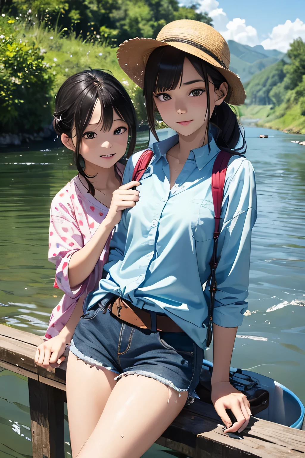 highest quality、High resolution、Detailed Background、(Beautiful face in every detail:1.4)、Anatomically correct、(Draw the usual number of fingers:1.2)、(Detailed facial expressions)、(Detailed eyes:1.2)、(Detailed eyes:1.2)、Beautiful, smooth skin、Teenage beauty、(Highly detailed face:1.4)、cute hair color、Braided Ponytail、Braided Bob、cute hairstyle、well-groomed eyebrowinimally revealing clothing:1.2)、In a joking manner、A happy look、Excited、Cowboy Shot、
(Two beautiful girls enjoying fishing experience in the river:1.5)、
This is a fishing experience held in rivers etc.、Participants can use a fishing rod to catch fish and enjoy fishing while relaxing in nature.、
Basic fishing equipment is required for fishing experience.、fishing rod、reel、fishing line、Needle、Prepare lures and bait、Fishing is a sport that requires skill。casting(The act of casting a thread)How to wind the reel and use bait, etc.、
Pair it with shorts that allow you to move around comfortably and a cool tunic.、
It is a good idea to choose shorts made of a material that will not be a problem if they get wet.、
We recommend tunics with cute patterns such as floral or polka dot patterns.、
Pair a light-hearted dress with comfortable sandals.、
Choosing a dress with a summery design such as a floral or striped pattern will make you look even cuter.、
Pair a relaxed, oversized shirt with denim shorts、Tie the shirt around your waist for a sophisticated look.、
Pair a straw hat or cap with cool wide pants.、
Wide pants are comfortable to wear if you choose soft and light materials.、
When fishing in the river, you will need insect repellent, so wear a long-sleeved shirt or a light jacket.、cute