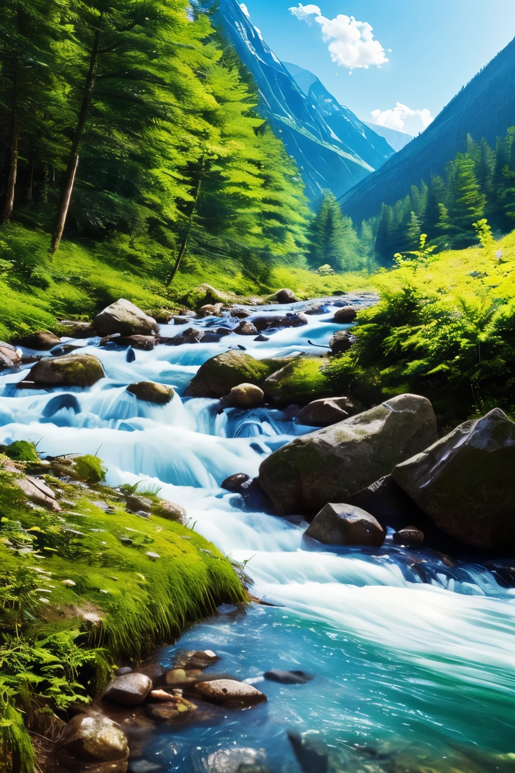 landscape, summer, clear stream, forest, uninhabited, river, blue sky, nobody, mountains in the distance, HD detail, ultra detail, film, hyperrealism, soft light, deep focus bokeh, ray tracing, hyper realism. , Art Station pixiv Gwise, Makoto Shinkai, Art Germ