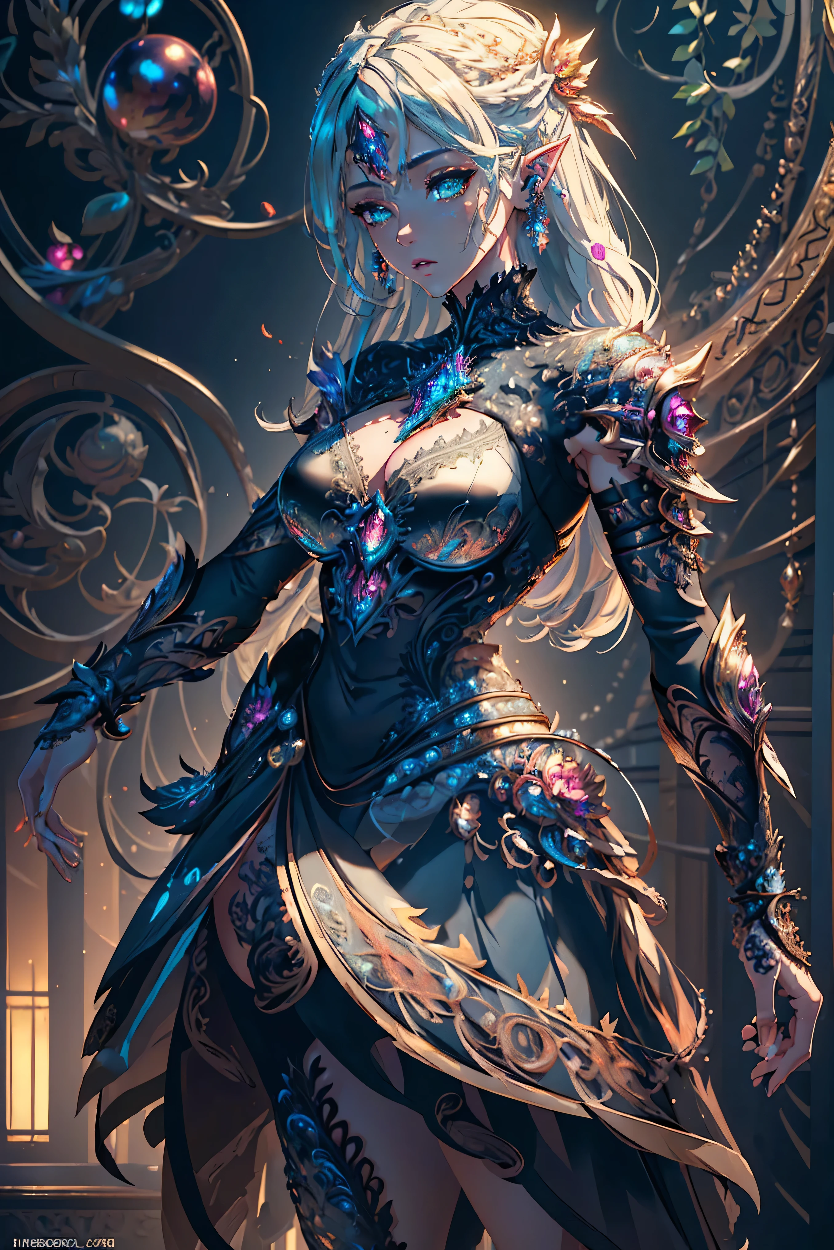 high details, best quality, 8k, [ultra detailed], masterpiece, best quality, (extremely detailed), dynamic angle, ultra wide shot, photorealistic, fantasy art, dnd art, rpg art, realistic art, a wide angle, (((anatomically correct)))  a picture of an elf knight, elf warrior, elite warrior, ready for battle (intense details, Masterpiece, best quality: 1.5), female elf  (intense details, Masterpiece, best quality: 1.5), ultra detailed face, ultra feminine, fair skin, exquisite beauty, gold hair, long hair, wavy hair, small pointed ears, dynamic eyes color, wearing heavy elven armor LnF, shinning metal, armed with elven sword fantasysword sword, standing near a unicorn, green meadows, blue skies background and some clouds background depth of field (intricate details, Masterpiece, best quality: 1.5), dynamic angle, (intricate details, Masterpiece, best quality: 1.5), high details, best quality, highres, ultra wide angle