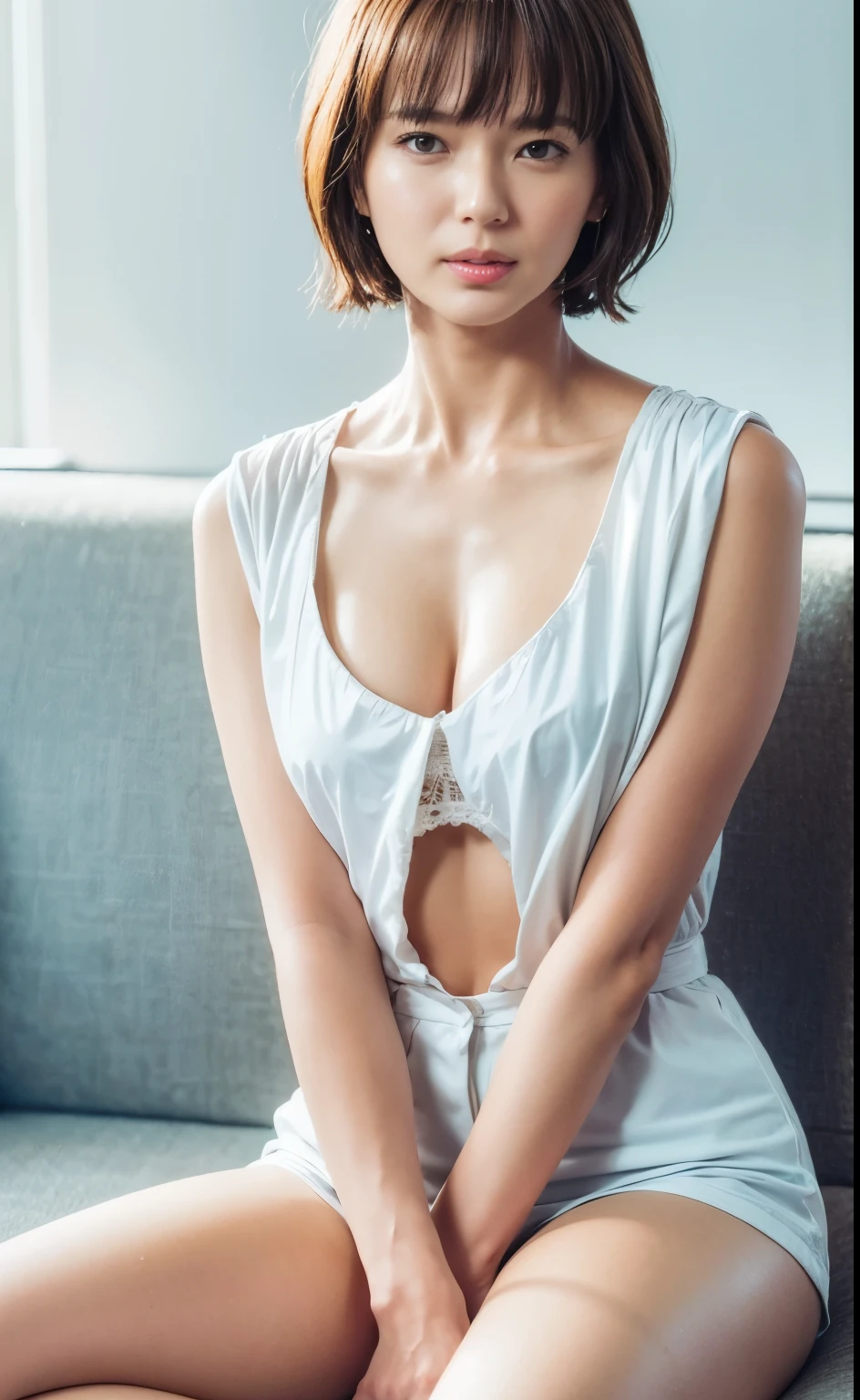 ((highest quality、8k、masterpiece:1.3))、Beautiful woman with short hair、1 female、Big Tits:1.3、(Toned Abs、Slim figure:1.1)、Amorous、Dark brown hair、(Sitting on the couch、Crossing your legs、Full nude body shot )、Ultra detailed face、Detailed lips、Detailed eyes、double eyelid