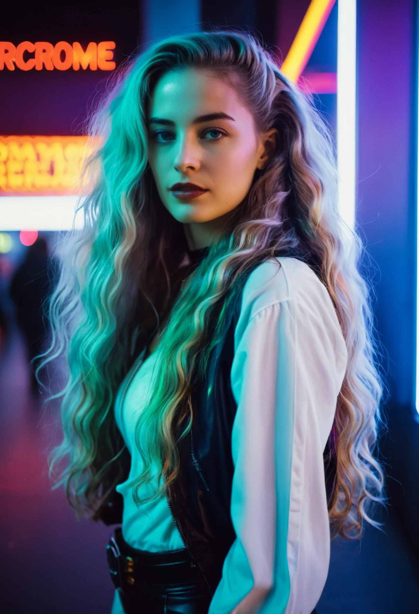 Photo of a woman with long wavy hair,portrait,kodachrome, neon,cyberpunk,