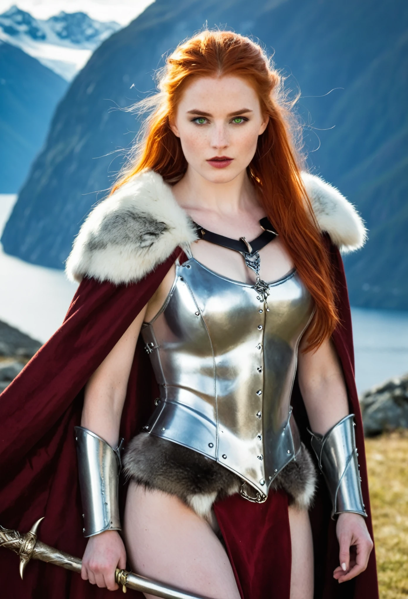 A warrior ((seductive under 18))  queen, a vision of strength and confidence. Fiery red hair cascades down her shoulders. Pale skin, etched with the resilience of the north, is dusted with a hint of freckles. Piercing green eyes sparkle with unwavering determination. Clad in sleek silver chainmail that accentuates her powerful form, she commands respect and admiration. A fur-lined cloak, the pelt of a mighty wolf, adds a touch of wildness to her regal presence. A Viking horn rests confidently in her hand, a symbol of leadership. The scene unfolds before a formidable Viking longhouse, a testament to her proud heritage. Snow-capped mountains rise majestically beside a majestic fjord, reflecting the fiery spirit in her eyes.