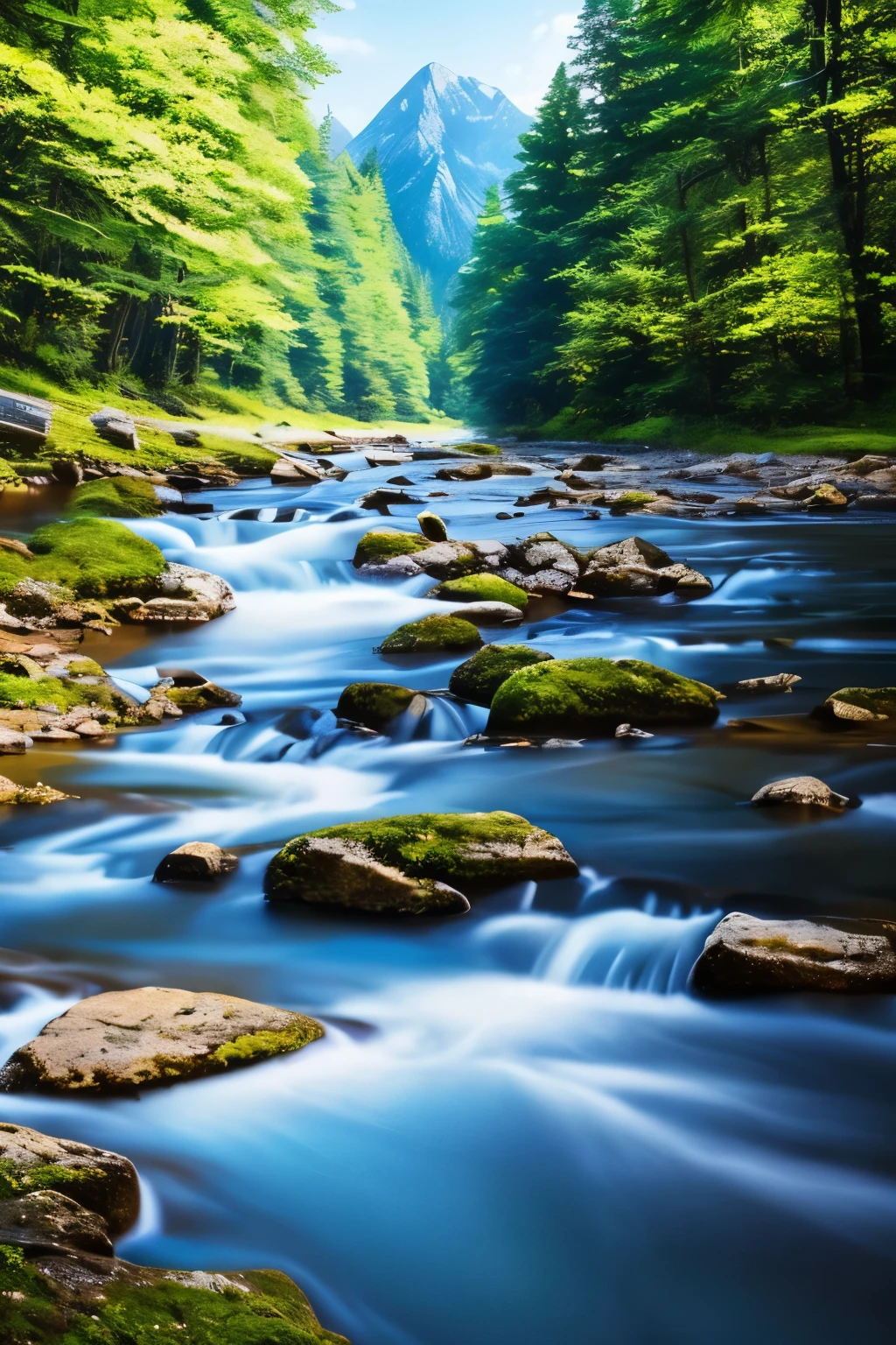 landscape, summer, clear stream, forest, uninhabited, river, blue sky, nobody, mountains in the distance, HD detail, ultra detail, film, hyperrealism, soft light, deep focus bokeh, ray tracing, hyper realism. , Art Station pixiv Gwise, Makoto Shinkai, Art Germ