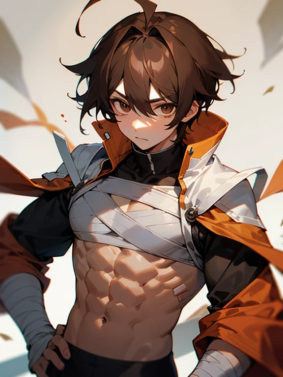 Masterpiece, best quality, expressive eyes, perfect face, 1boy, male focus, brown hair, ahoge, brown eyes, abs, brown sleeve, bandages, leggings,