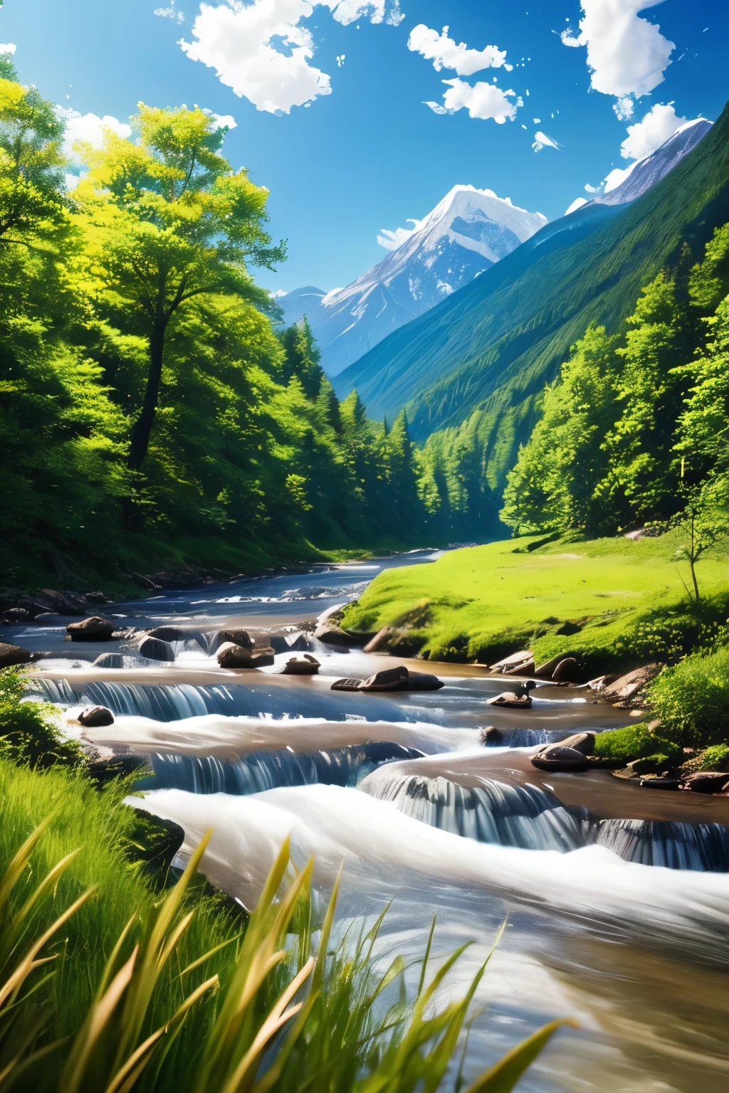 landscape, summer, clear stream, forest, uninhabited, river, blue sky, nobody, mountains in the distance, HD detail, ultra detail, film, hyperrealism, soft light, deep focus bokeh, ray tracing, hyper realism. , Art Station pixiv Gwise, Makoto Shinkai, Art Germ