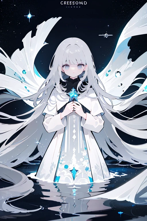 xcdd, dress, Water play, star, water, null, night, Shine, Shine, star, night null, Backlight, Particles of light, Floating Hair,, Absurd, ultra detailed, masterpiece, highest quality, beautiful, detailed,, Severe, One girl, (White eyes:1.1), (Grey Eyes:1.3), Gray Hair, Very long hair, Parted hair, Parted bangs, Medium chest,