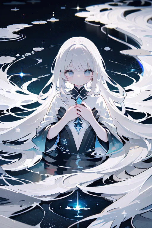 xcdd, dress, Water play, star, water, null, night, Shine, Shine, star, night null, Backlight, Particles of light, Floating Hair,, Absurd, ultra detailed, masterpiece, highest quality, beautiful, detailed,, Severe, One girl, (White eyes:1.1), (Grey Eyes:1.3), Gray Hair, Very long hair, Parted hair, Parted bangs, Medium chest,