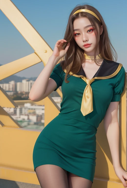 1girl, SatokoSchool, blonde hair, red eyes, hairband, sailor collar, yellow necktie, green dress, black pantyhose, tarankaaa, best quality, 32k photography, professional photoshoot, ultra detailed, masterpiece, (natural blonde hair style, golden hair)