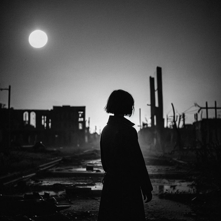 A world in black and white、A ruined world、One Hundred Years After the War、Silhouette of a girl with short hair、Abandoned ruined city、Shadow of a girl with short hair、evening、Dark Night、Lonely、Tragic、Dead Tree々、A world that has collapsed、