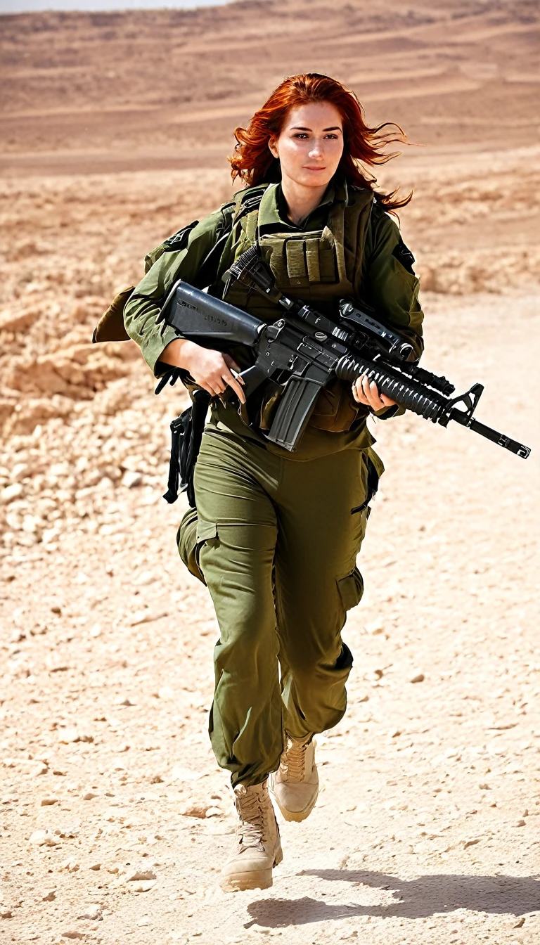 Mulher linda ruiva em trajes do exercito de Israel, correndo em um deserto, carrying a rifle after terrorists