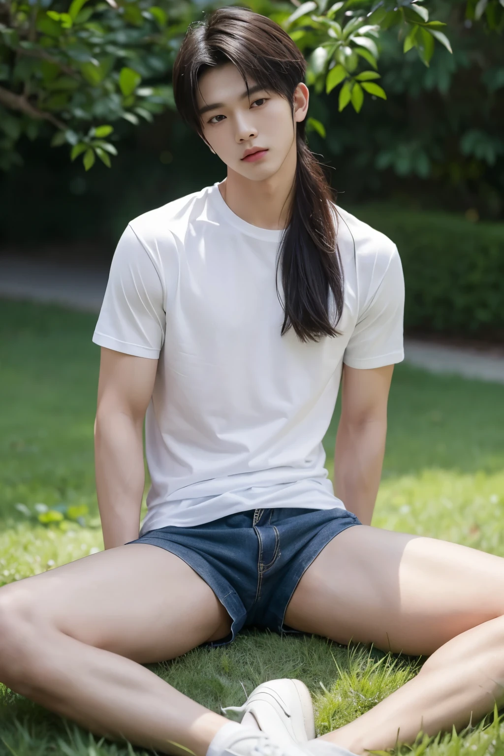 Asian muscular boy sitting on grass , wearing only white shirt, black micro thong, showing his naked thighs, muscular young male,, mid shot portrait, high quality portrait, Attractive pose, yanjun cheng, Inspired by Bian Shoumin, gorgeous young model, Casual pose, portrait a 25 - year - old boy, casual photography, Realistic. Cheng Yi, cute young man