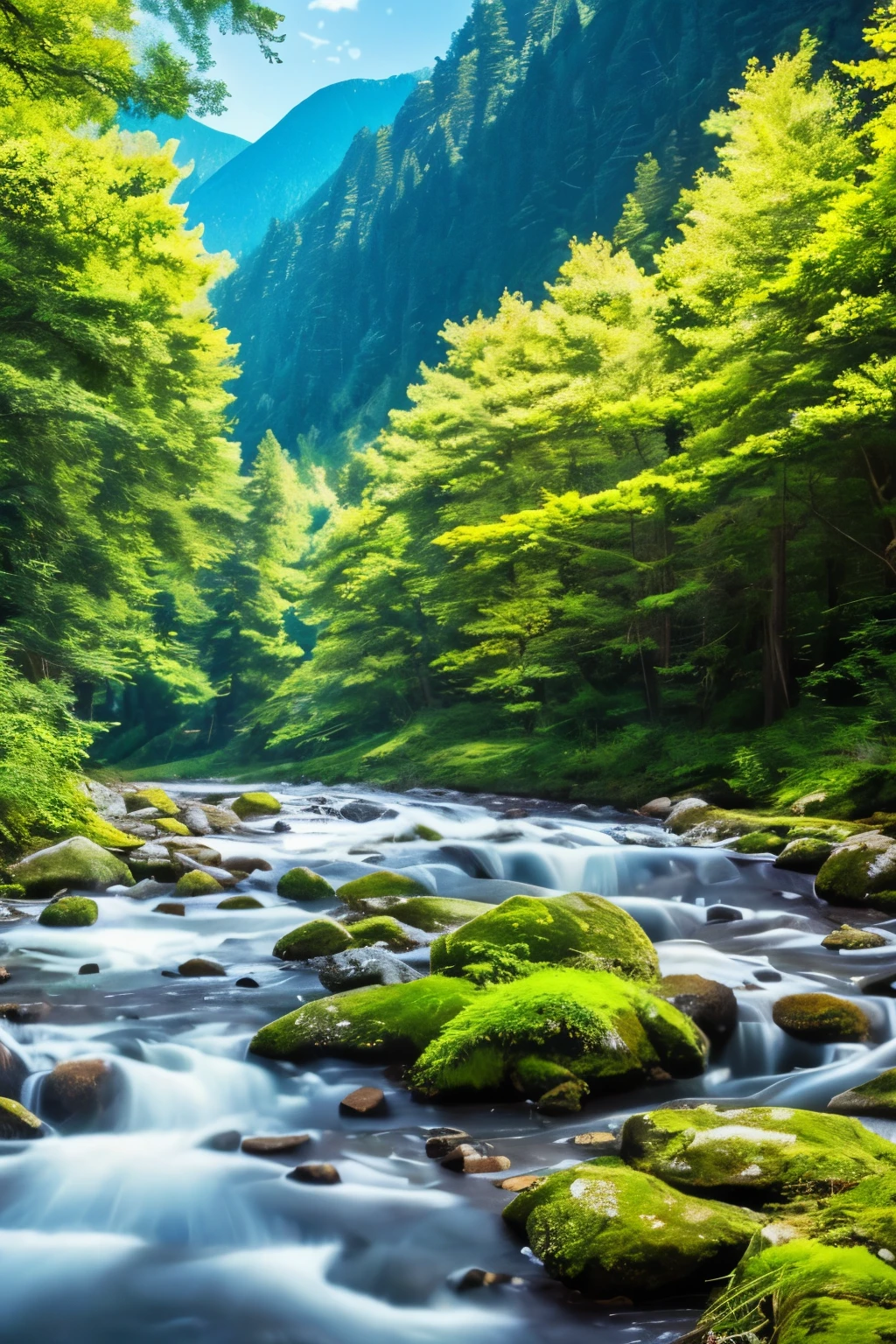 landscape, summer, clear stream, forest, uninhabited, river, blue sky, nobody, mountains in the distance, HD detail, ultra detail, film, hyperrealism, soft light, deep focus bokeh, ray tracing, hyper realism. , Art Station pixiv Gwise, Makoto Shinkai, Art Germ