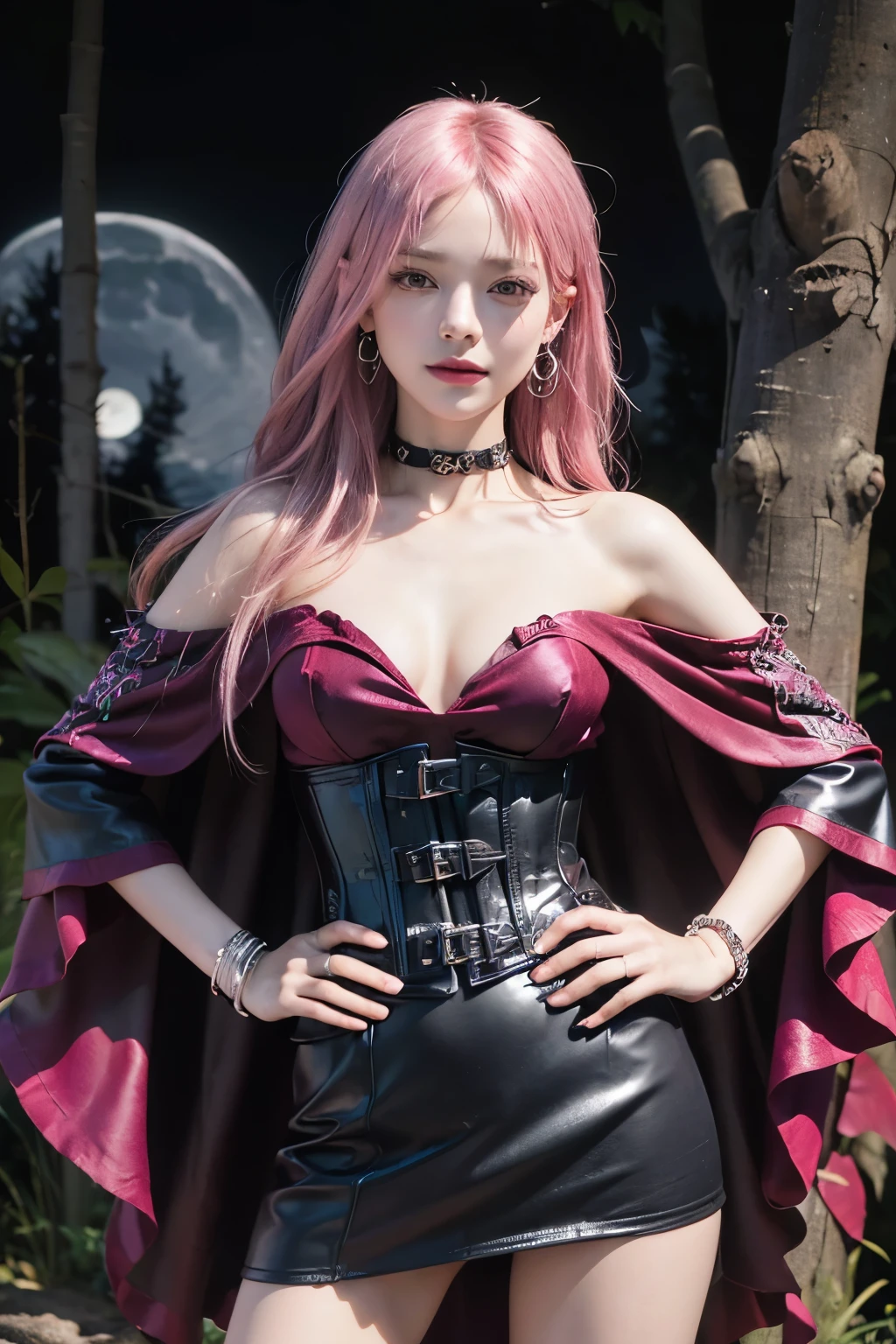 (8K, top-quality, masterpiece:1,2), (reallistic, Photorealsitic:1.37), Super Detail, One girl,), (Highly detailed), (beautifully detailed eyes), (of the highest quality), (super detailed ), (masterpiece), (Detailed face),20yr old, ,1 girl, ((pink hair,long hair)), medium breasts, clothed, Perfect Lighting, BREAK,
(red, purple, black:1.2), (velvet, silk, glossy leather:1.2), (cape with hood:1.2), (corset:1.2), (off-shoulder blouse:1.2), (bat wing sleeves:1.2), (tight mini skirt:1.2), (spider web embroidery:1.2), (high-heeled boots:1.2), (silver accessories:1.2), (spider earrings:1.2), (bat choker:1.2), (rings, bracelets:1.2), (sexy, revealing:1.5), BRAKE,
(upper body, knees:1.2), (long hair, pink:1.2), (mysterious smile:1.2), (face right, chin up:1.2), (body turned left, right foot forward:1.2), (hands on hips:1.2), (bust emphasized:1.5), (dark forest:1.2), (moonlight:1.2), (spider webs, bats:1.2), (hair shine, fabric gloss:1.2), BRAKE