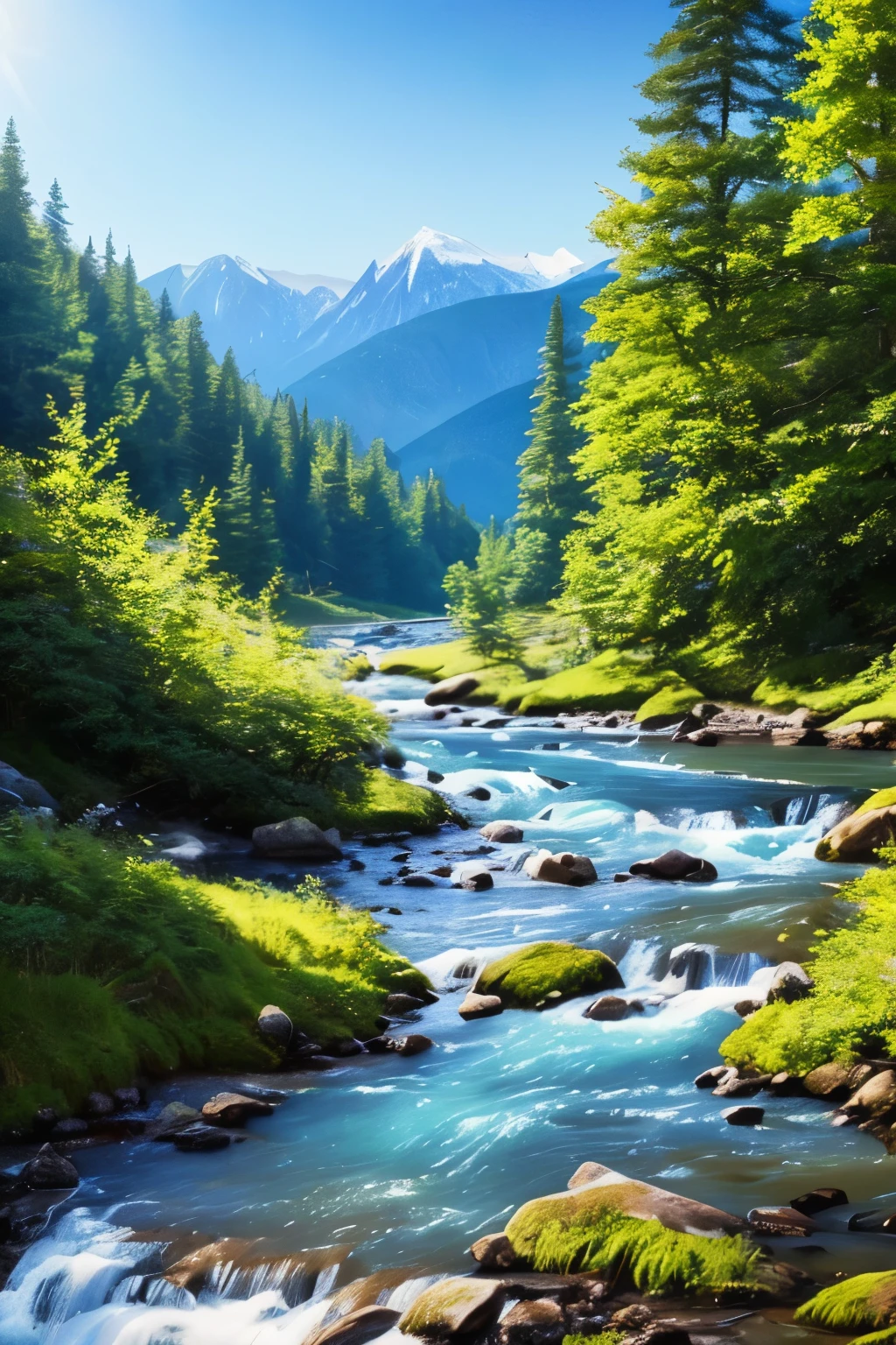 landscape, summer, clear stream, forest, uninhabited, river, blue sky, nobody, mountains in the distance, HD detail, ultra detail, film, hyperrealism, soft light, deep focus bokeh, ray tracing, hyper realism. , Art Station pixiv Gwise, Makoto Shinkai, Art Germ