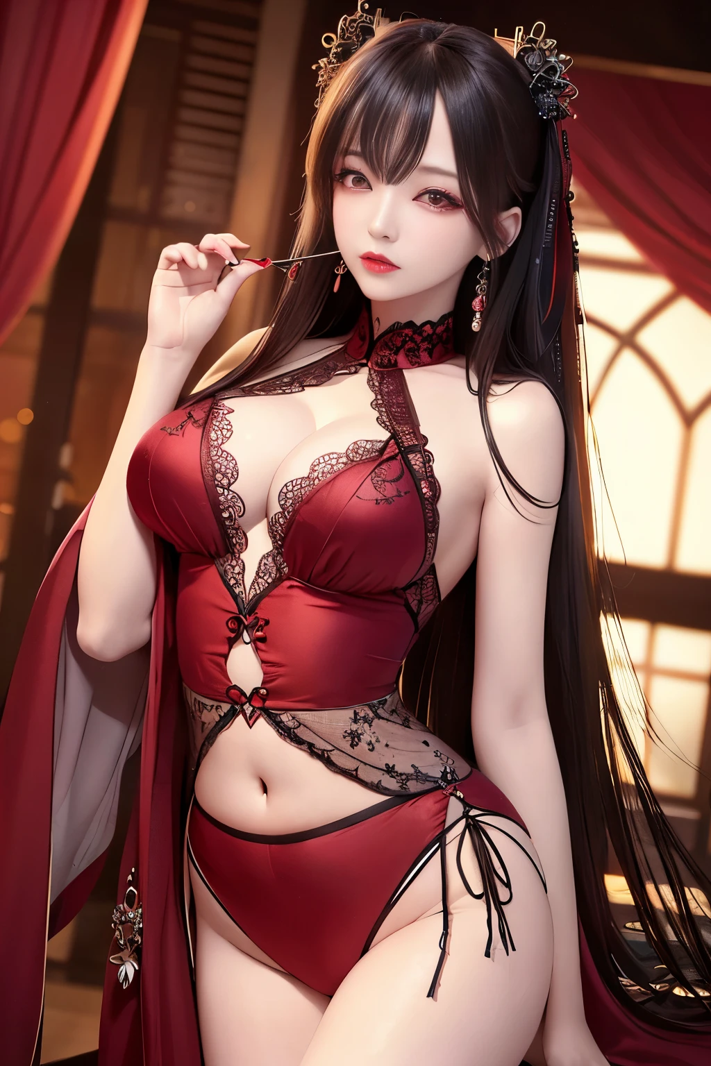 Top image quality、Raw photography、A high resolution、20-year-old cool Korean、big round chest、sexy red lace underwear、Beautiful Eyes of Details、very elongated eyes、Beautiful eyelashes、Beautiful double eyelids、eyeshadows、long legs,medium thighs, beautiful eyes finely detailed、elongated eyes、long eyeslashes、Beautiful double eyelids、eyeshadows、earrings、shiny skin、 1 girl, solo, sexy pose,