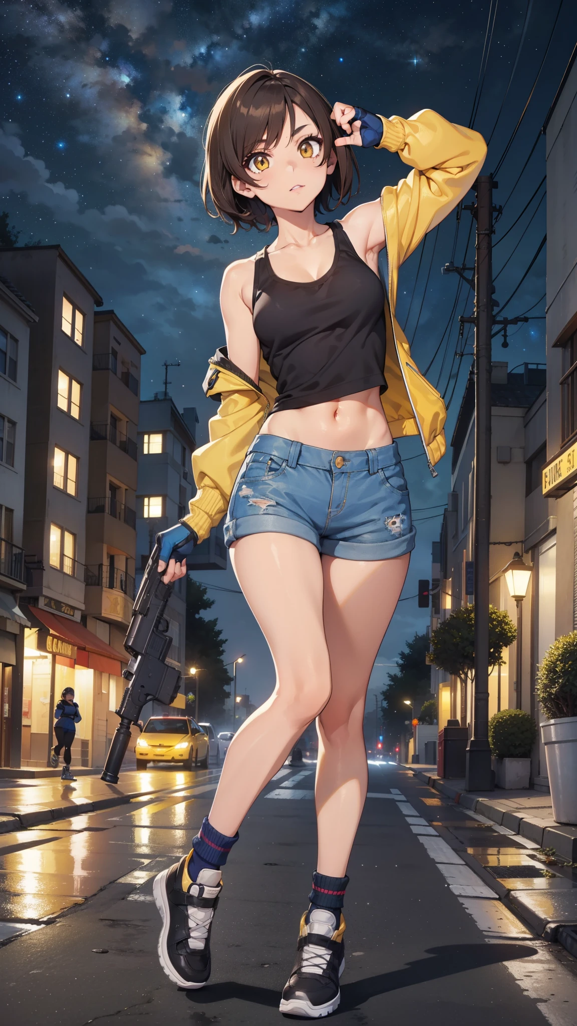 street dancer, short hair, brown hair, yellow glowing eyes, perfect lips, cute expression, cute face, cute pose, fingerless gloves, gun, tank top, jacket, cute pose, ultra detailed face, long eyelashes, sharp eyes , Fullbody shot, dinamic viewer, night sky